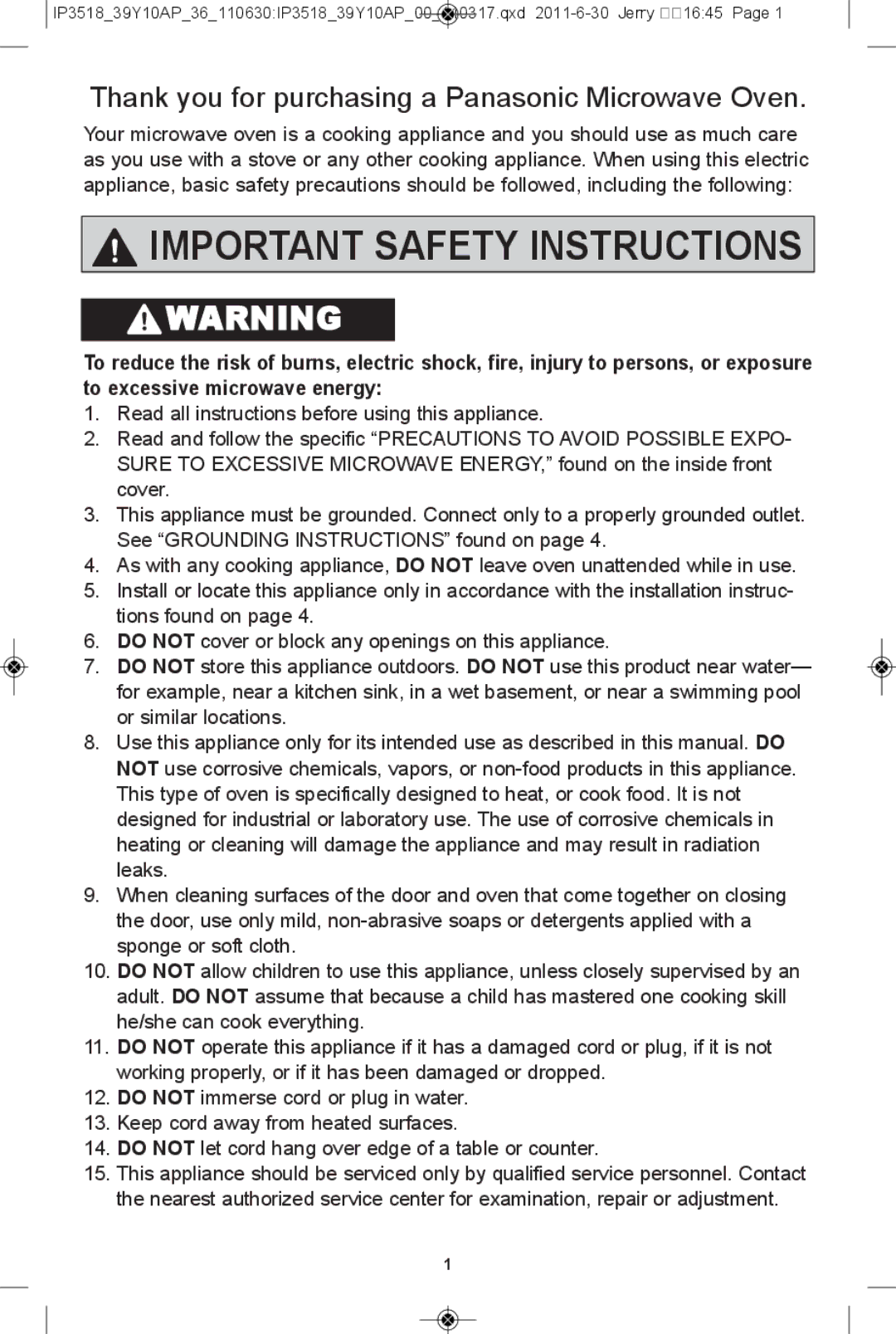 Panasonic NN-SA651S, NN-SA661S warranty IMPortant safety instructions, Thank you for purchasing a Panasonic Microwave Oven 