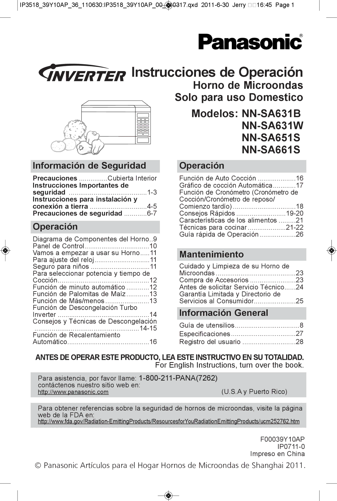 Panasonic NN-SA651S Instrucciones de operación, Información de seguridad, Operación, Mantenimiento, Información general 