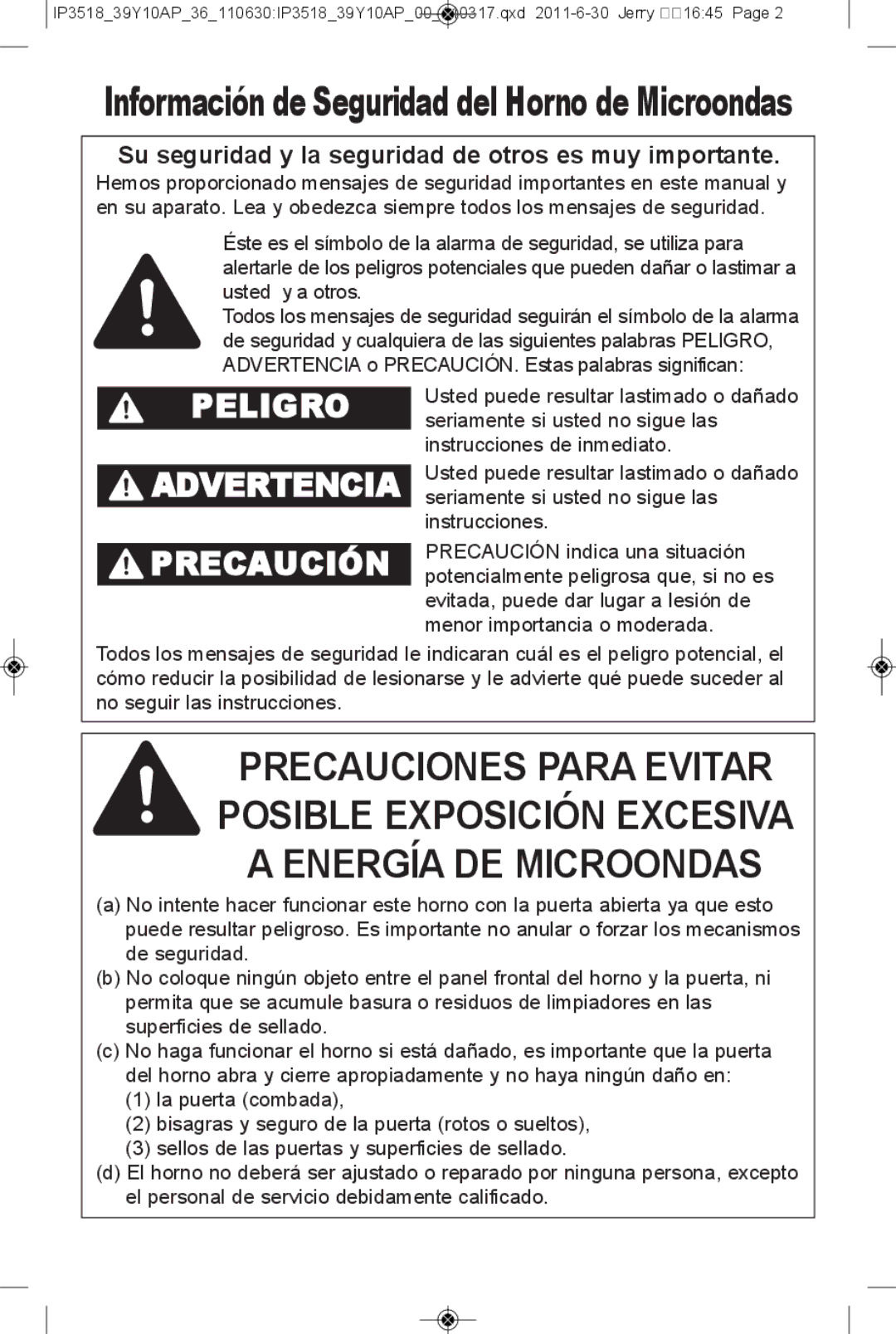 Panasonic NN-SA661S, NN-SA631B, NN-SA631W, NN-SA651S warranty Información de Seguridad del Horno de Microondas 