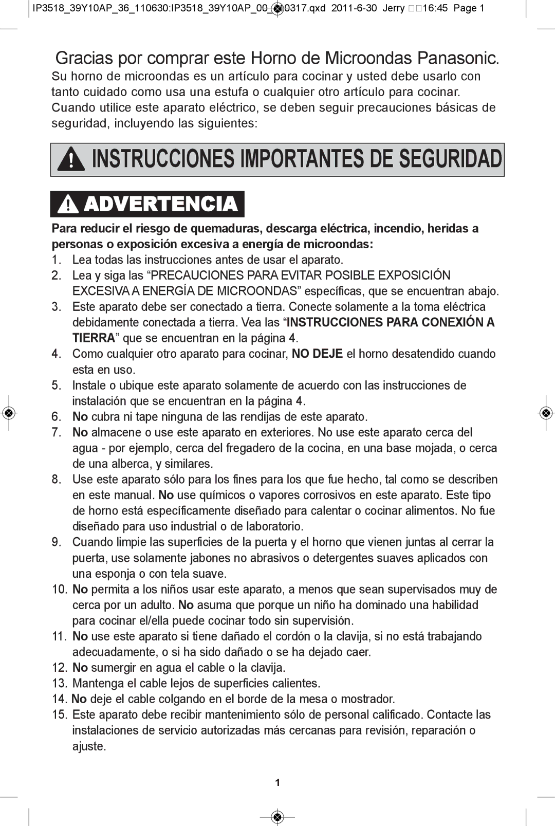 Panasonic NN-SA631B, NN-SA661S, NN-SA631W, NN-SA651S warranty Instrucciones iMPortantes de seguridad 