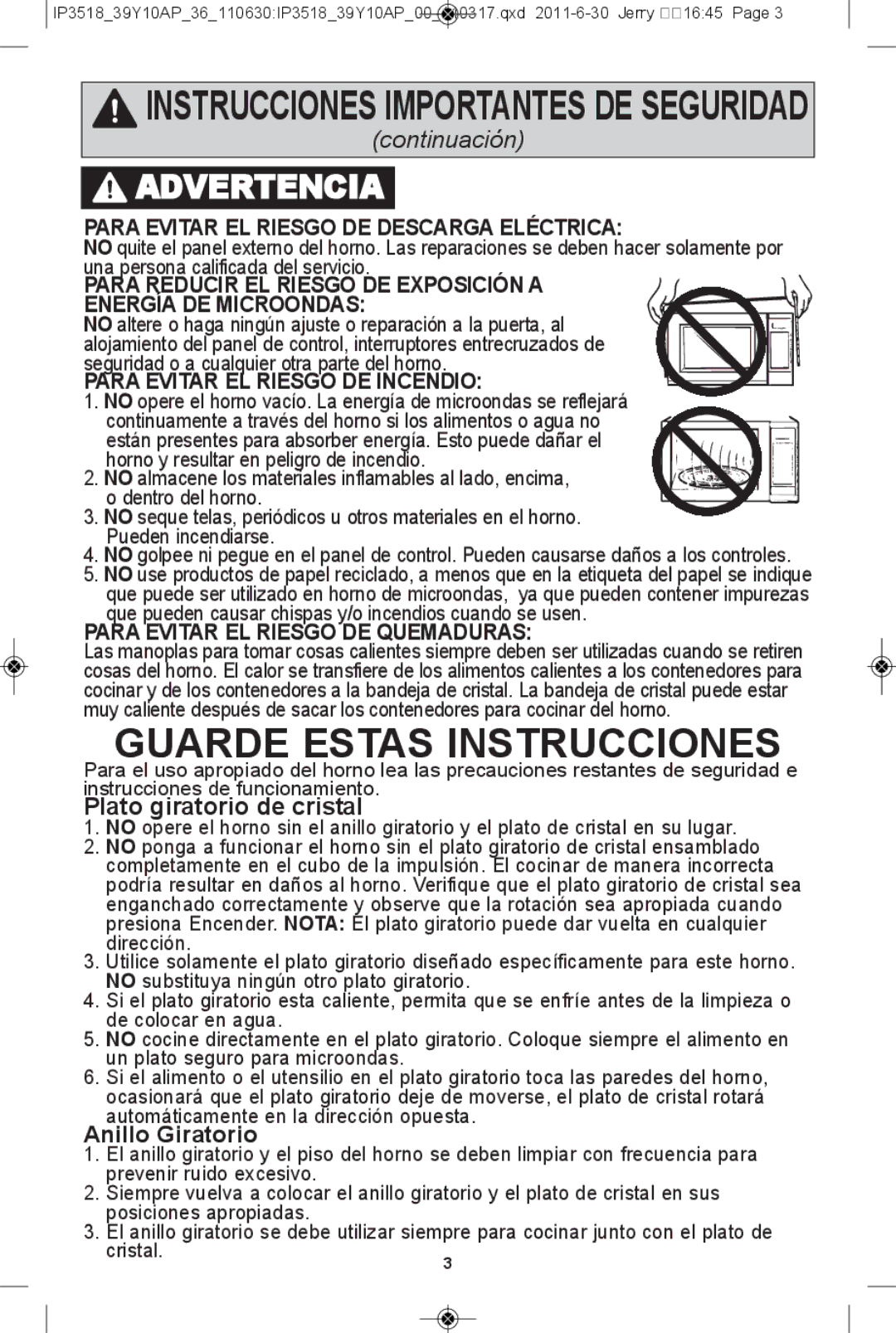 Panasonic NN-SA651S Guarde estas instrucciones, Plato giratorio de cristal, Para evitar el riesgo de descarga elÉctrica 