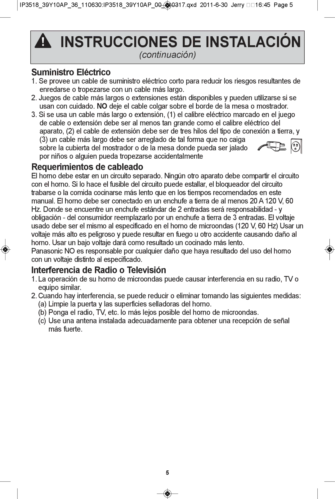 Panasonic NN-SA631B, NN-SA661S Suministro eléctrico, Requerimientos de cableado, Interferencia de radio o televisión 