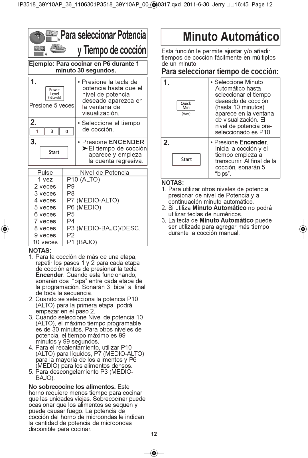 Panasonic NN-SA661S, NN-SA631B, NN-SA631W, NN-SA651S warranty Minuto automático, Para seleccionar tiempo de cocción 