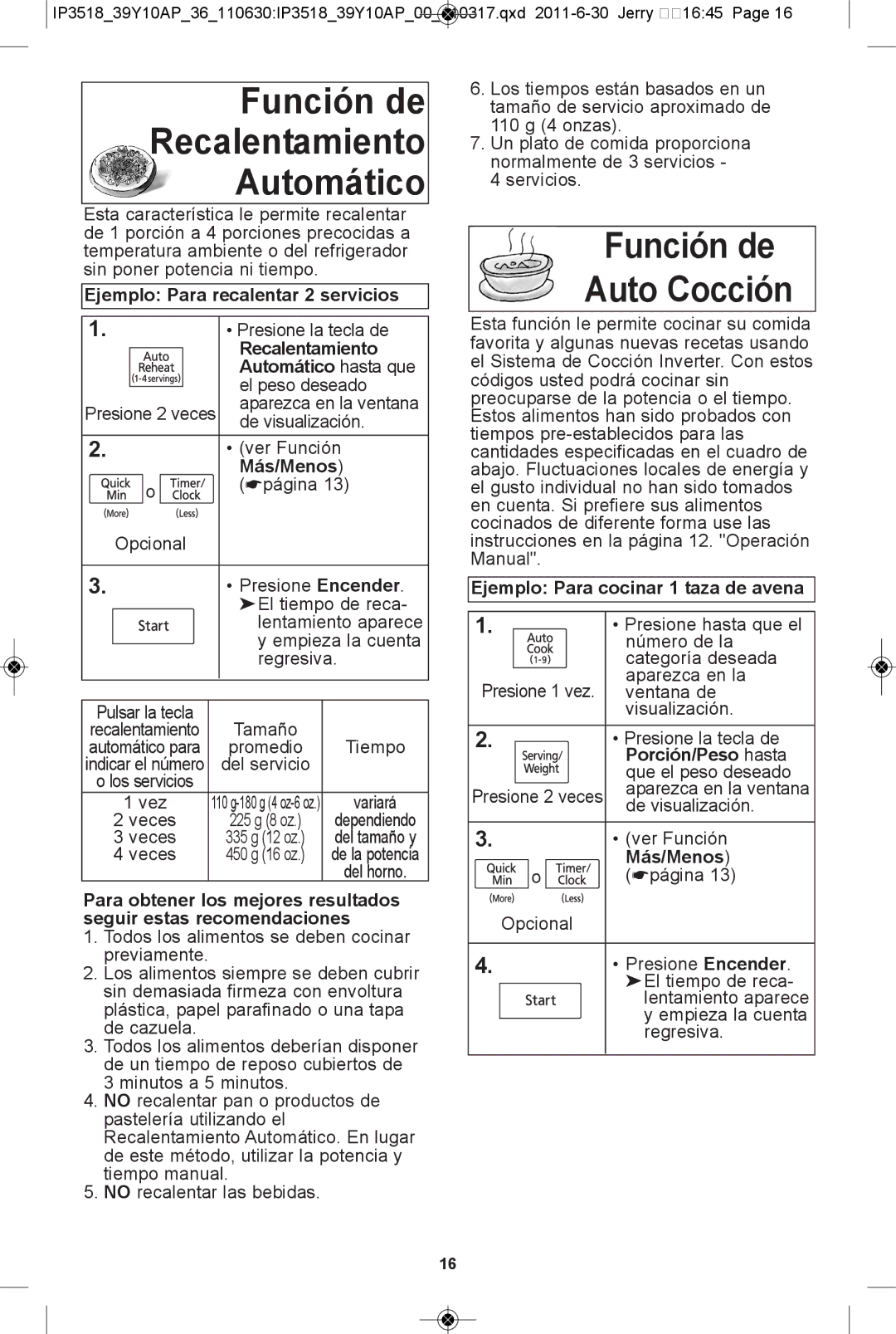 Panasonic NN-SA661S warranty Función de recalentamiento automático, Ejemplo Para recalentar 2 servicios, Porción/Peso hasta 