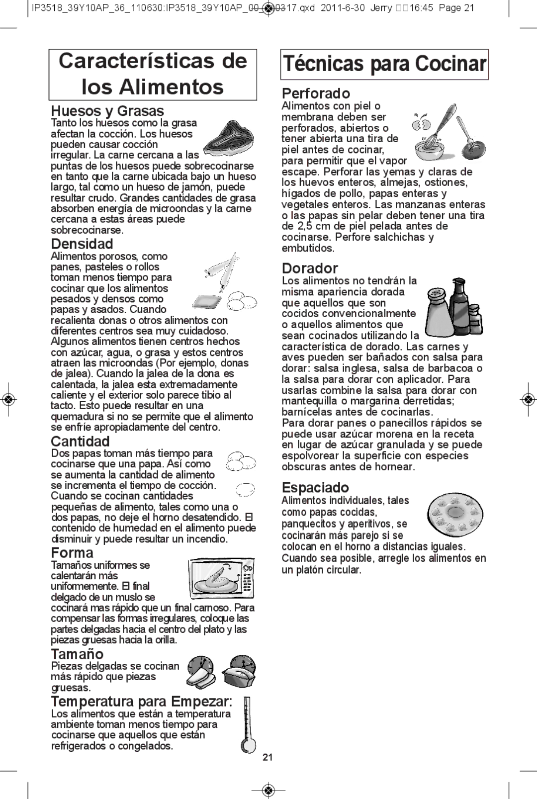 Panasonic NN-SA631B, NN-SA661S, NN-SA631W, NN-SA651S warranty Características de Los alimentos, Técnicas para cocinar 