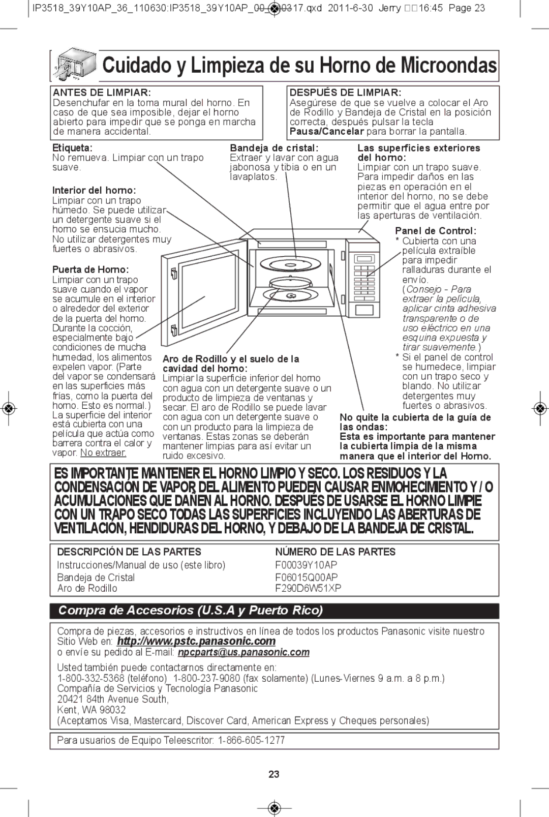 Panasonic NN-SA651S, NN-SA661S, NN-SA631B, NN-SA631W warranty Cuidado y limpieza de su horno de Microondas 