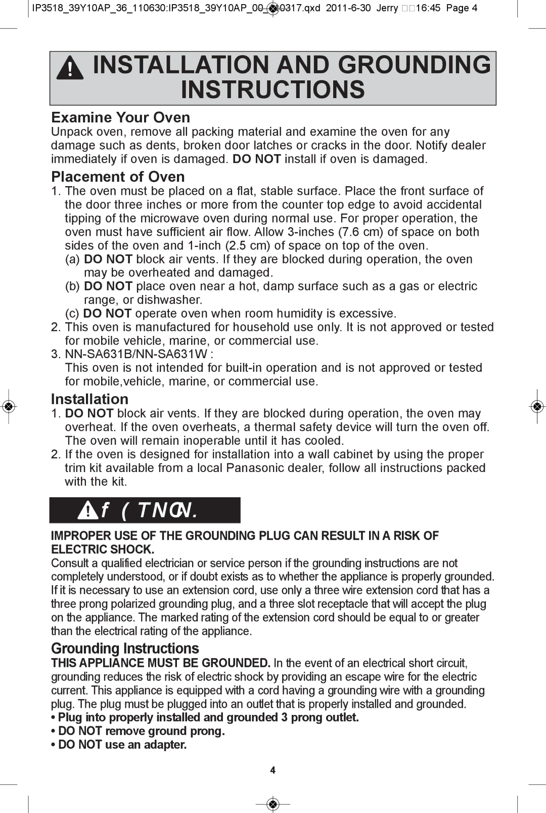 Panasonic NN-SA631W Installation and grounding instructions, Examine your oven, Placement of oven, Grounding instructions 