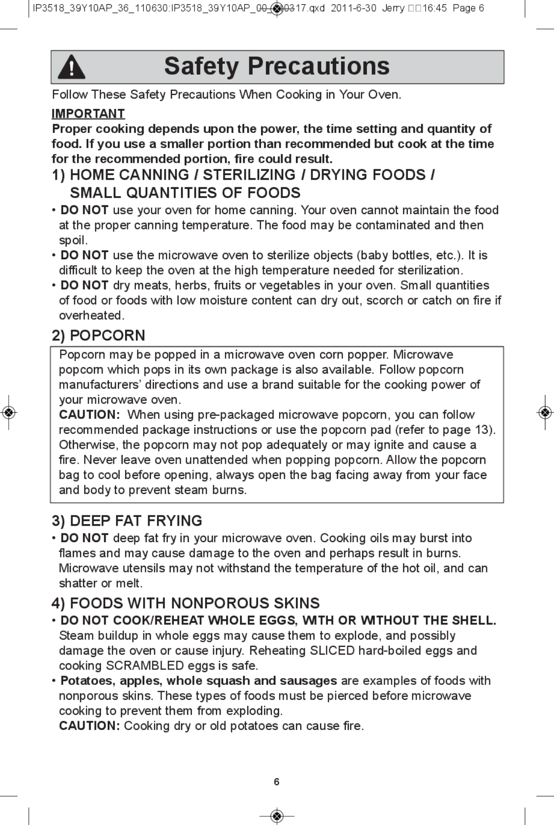 Panasonic NN-SA661S, NN-SA631B, NN-SA631W warranty Safety Precautions, PoPcorn, DeeP fat frying, Foods With nonPorous sKins 