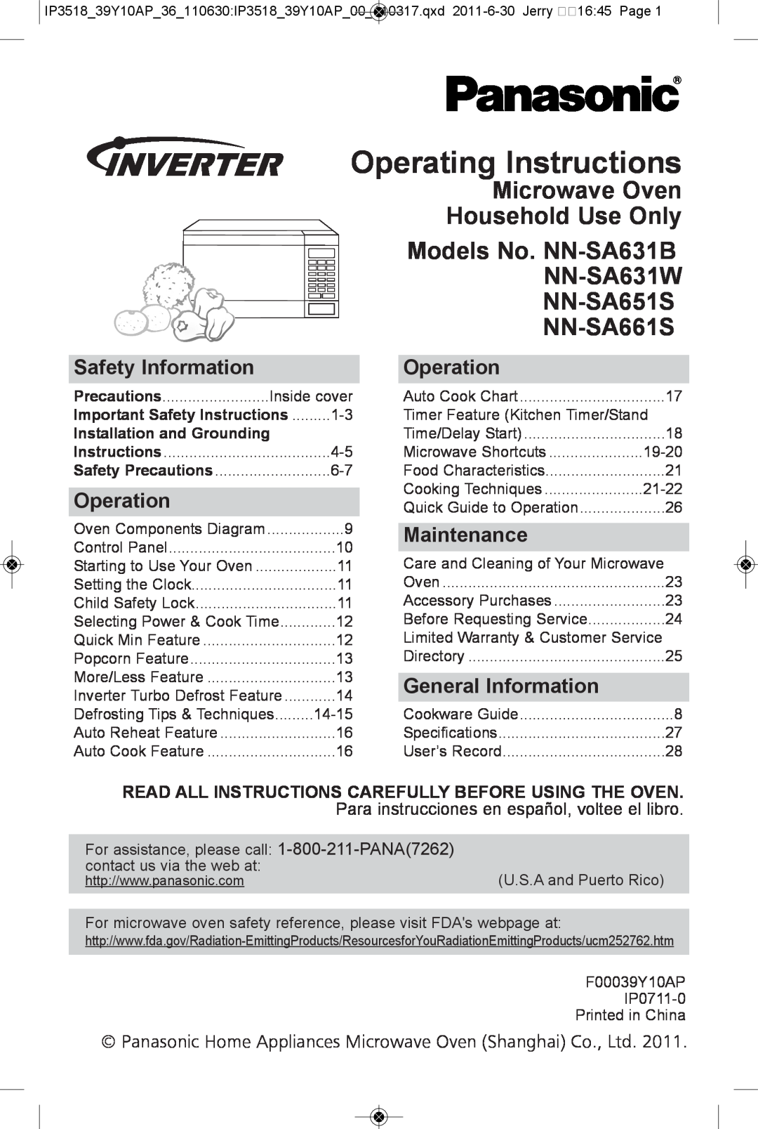Panasonic NN-SA631B warranty operating instructions, Microwave oven household use only, safety information, operation 