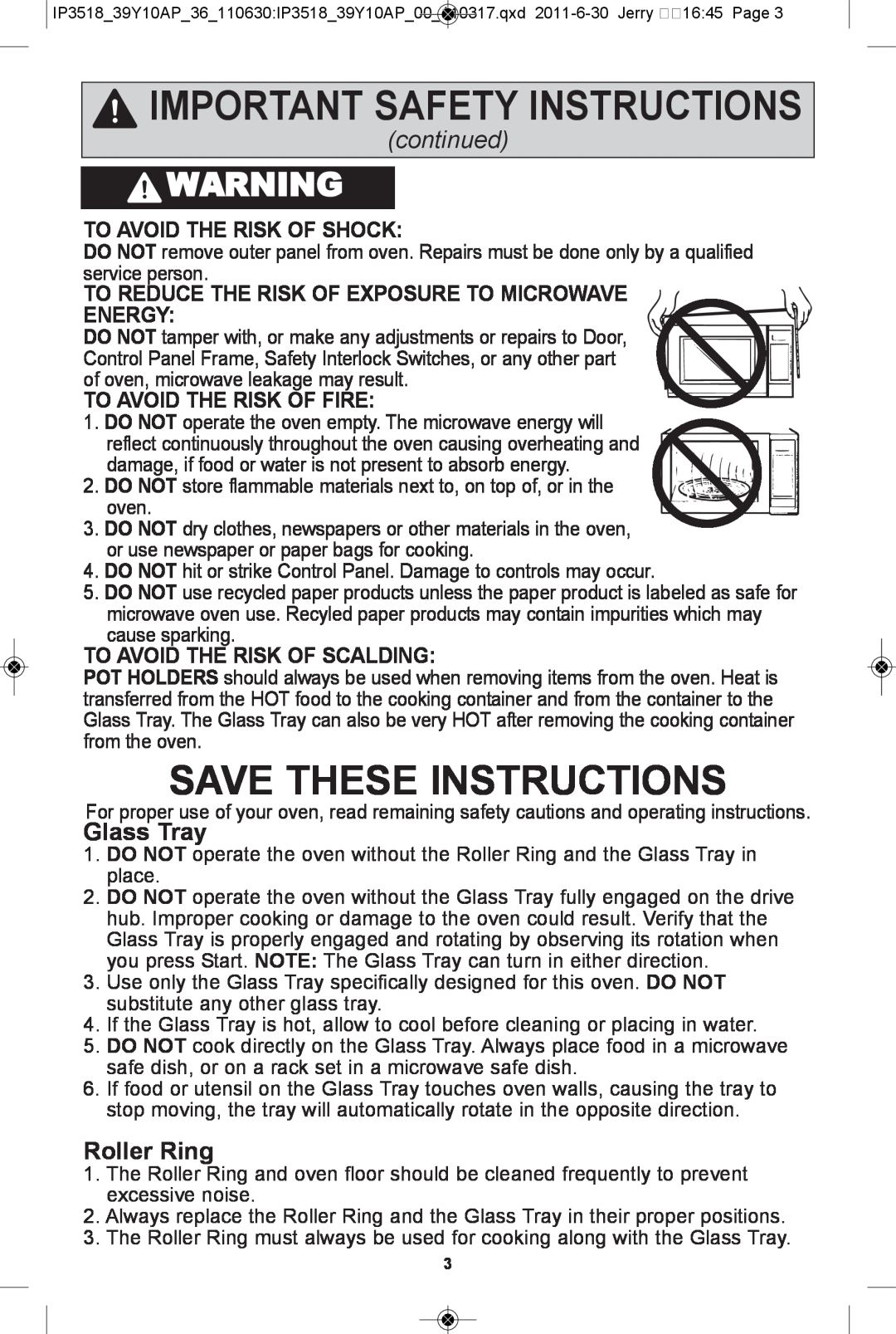 Panasonic NN-SA631B save these instructions, roller ring, to avoid the risK of shocK, to avoid the risK of fire, continued 