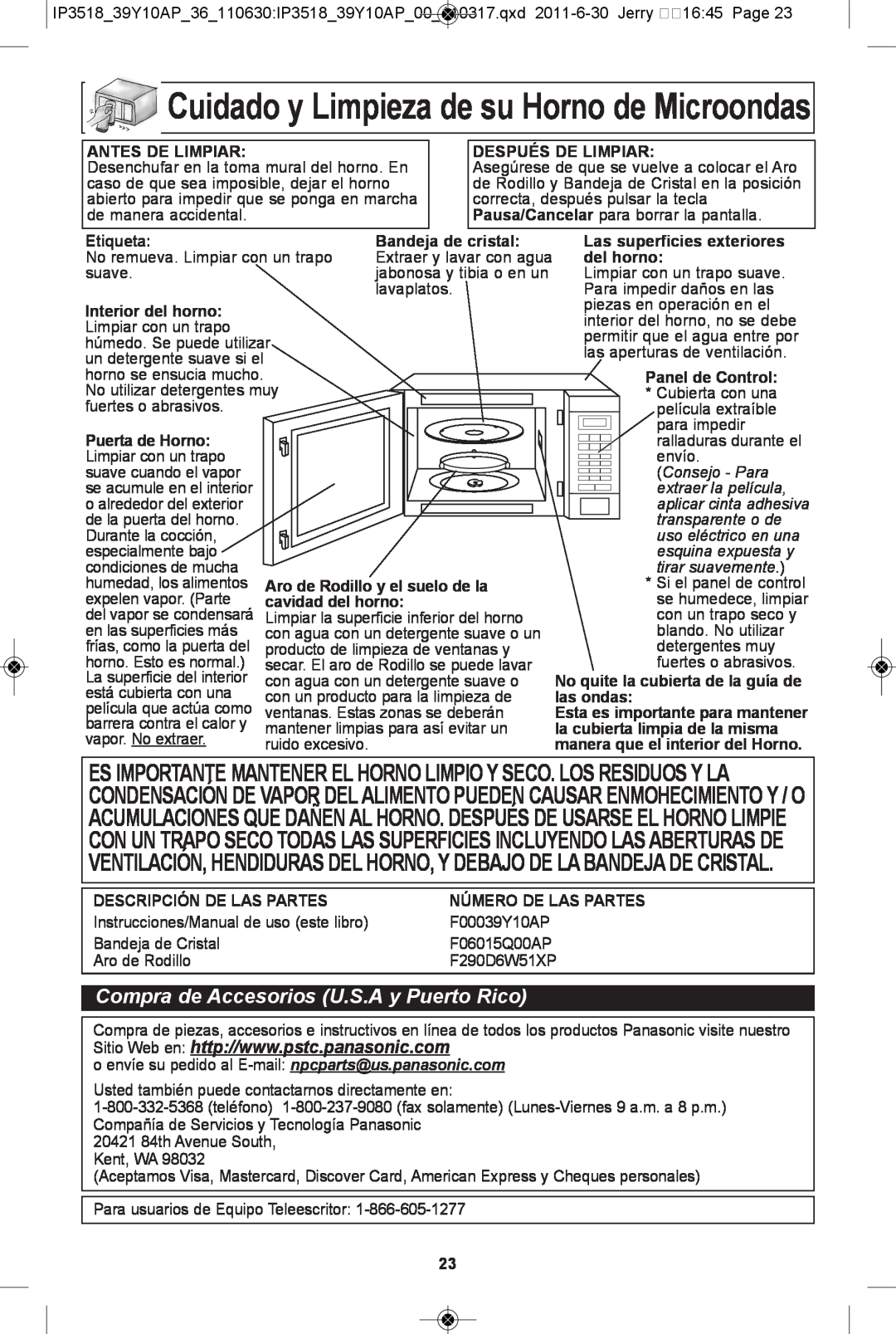 Panasonic NN-SA651S cuidado y limpieza de su horno de Microondas, Compra de Accesorios U.S.A y Puerto Rico, Consejo - Para 