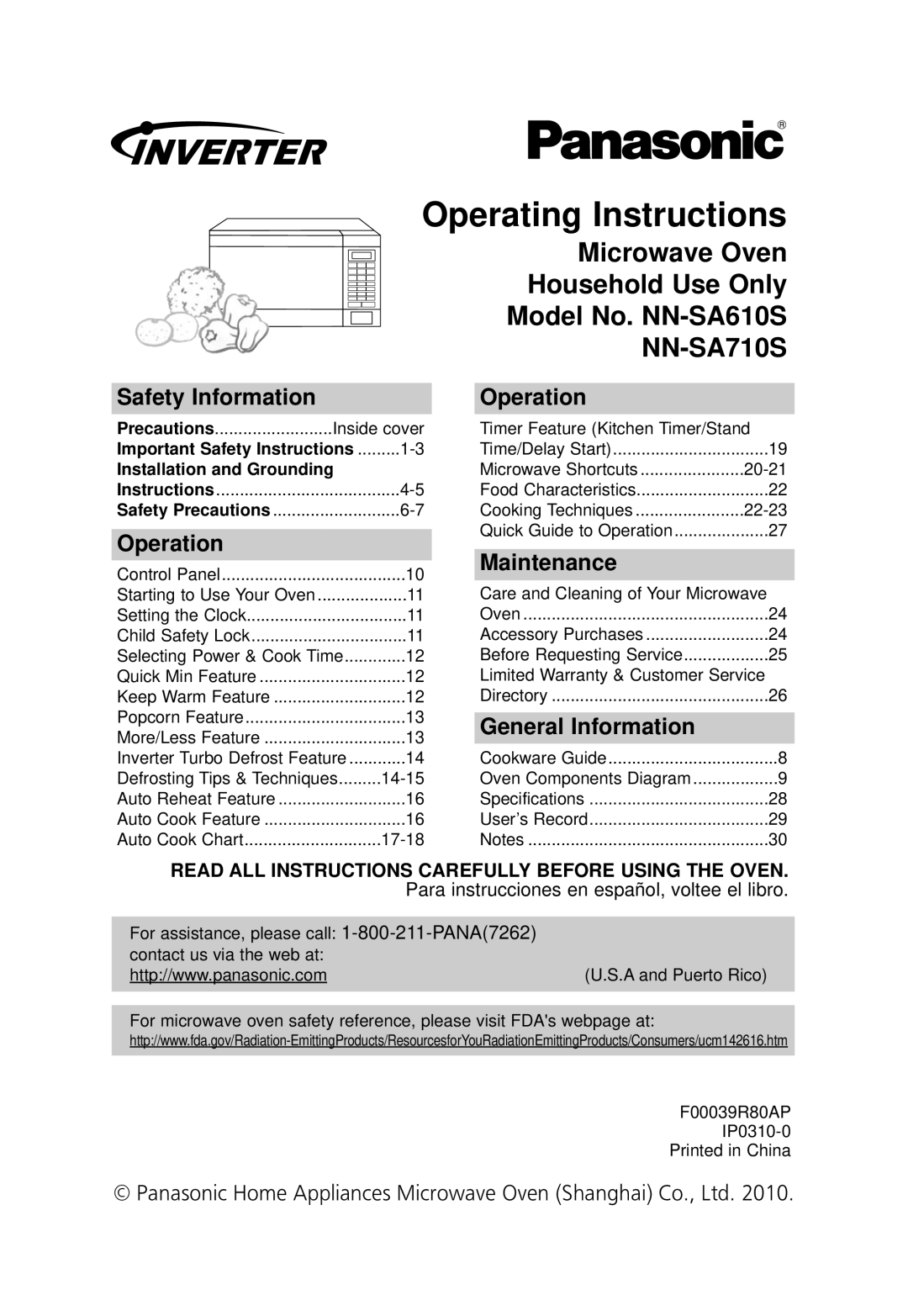 Panasonic NN-SA610S, NN-SA710S operating instructions Operating Instructions, Safety Information, Operation, Maintenance 