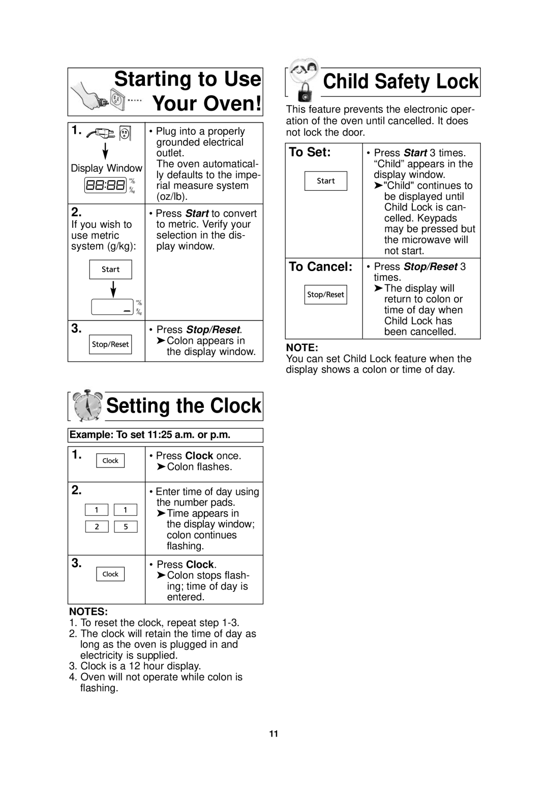 Panasonic NN-SA610S Starting to Use Your Oven, Setting the Clock, Child Safety Lock, Example To set 1125 a.m. or p.m 