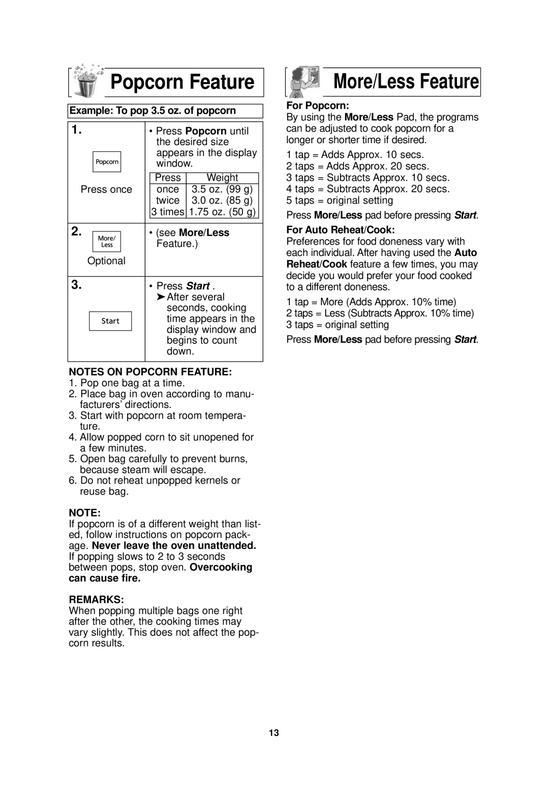 Panasonic NN-SA610S Popcorn Feature, Example To pop 3.5 oz. of popcorn, See More/Less, For Popcorn, For Auto Reheat/Cook 