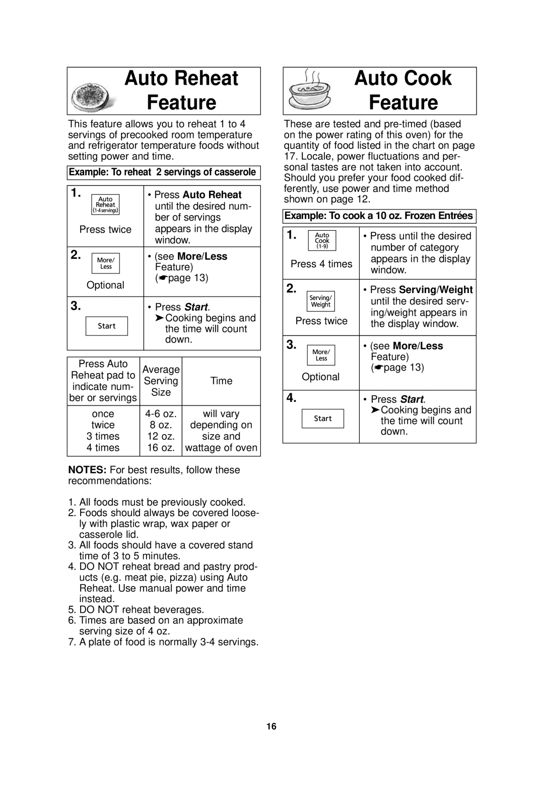 Panasonic NN-SA710S Auto Reheat Feature, Auto Cook Feature, Example To reheat 2 servings of casserole Press Auto Reheat 