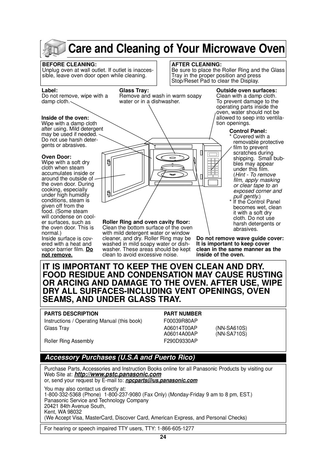 Panasonic NN-SA710S, NN-SA610S operating instructions Care and Cleaning of Your Microwave Oven 