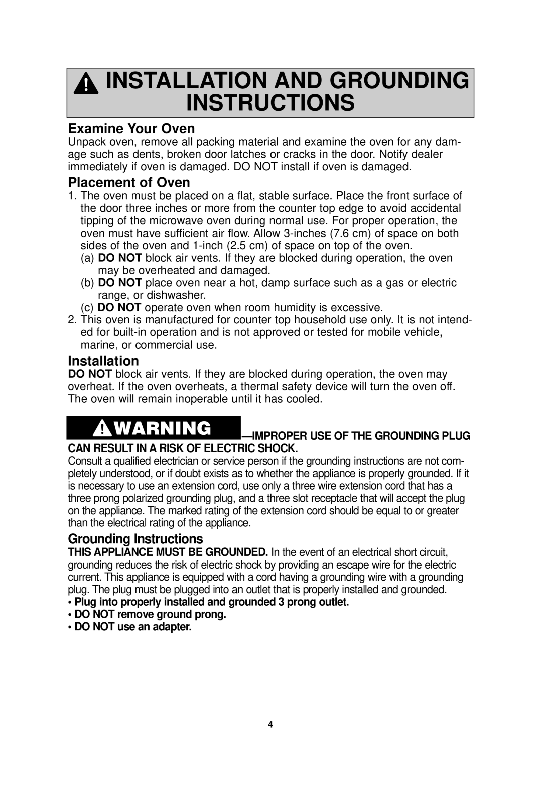 Panasonic NN-SA710S, NN-SA610S Examine Your Oven, Placement of Oven, Installation, Grounding Instructions 