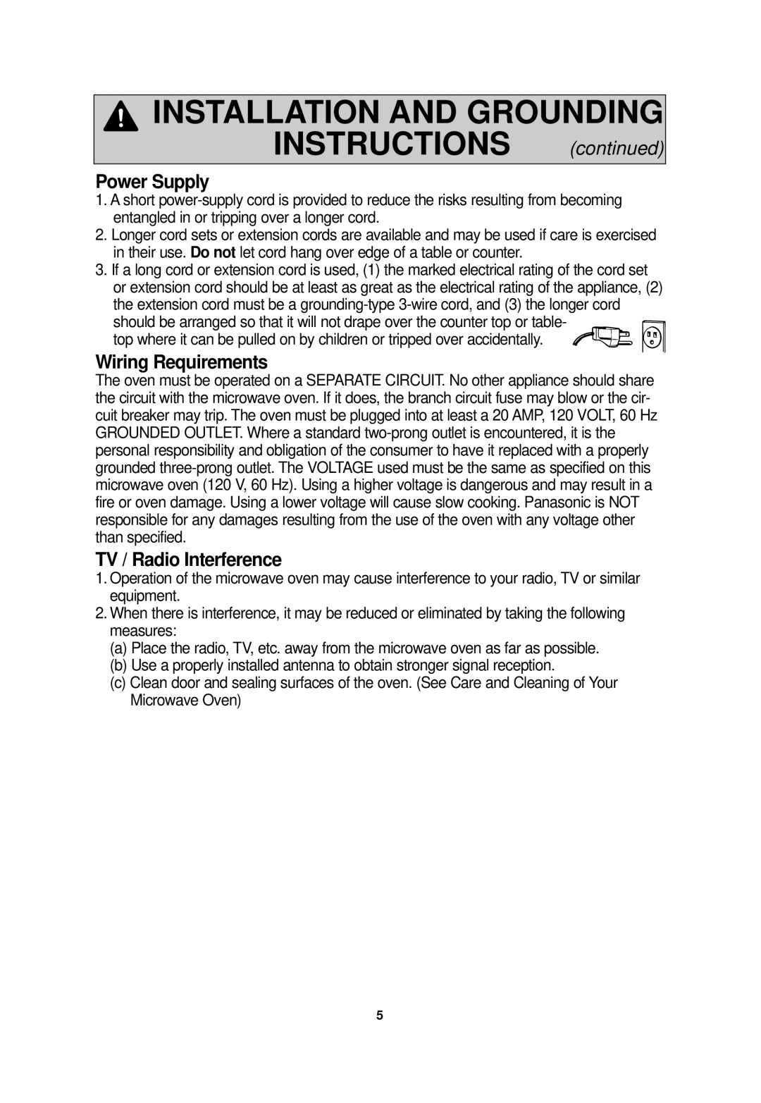 Panasonic NN-SA610S, NN-SA710S operating instructions Power Supply, Wiring Requirements, TV / Radio Interference 