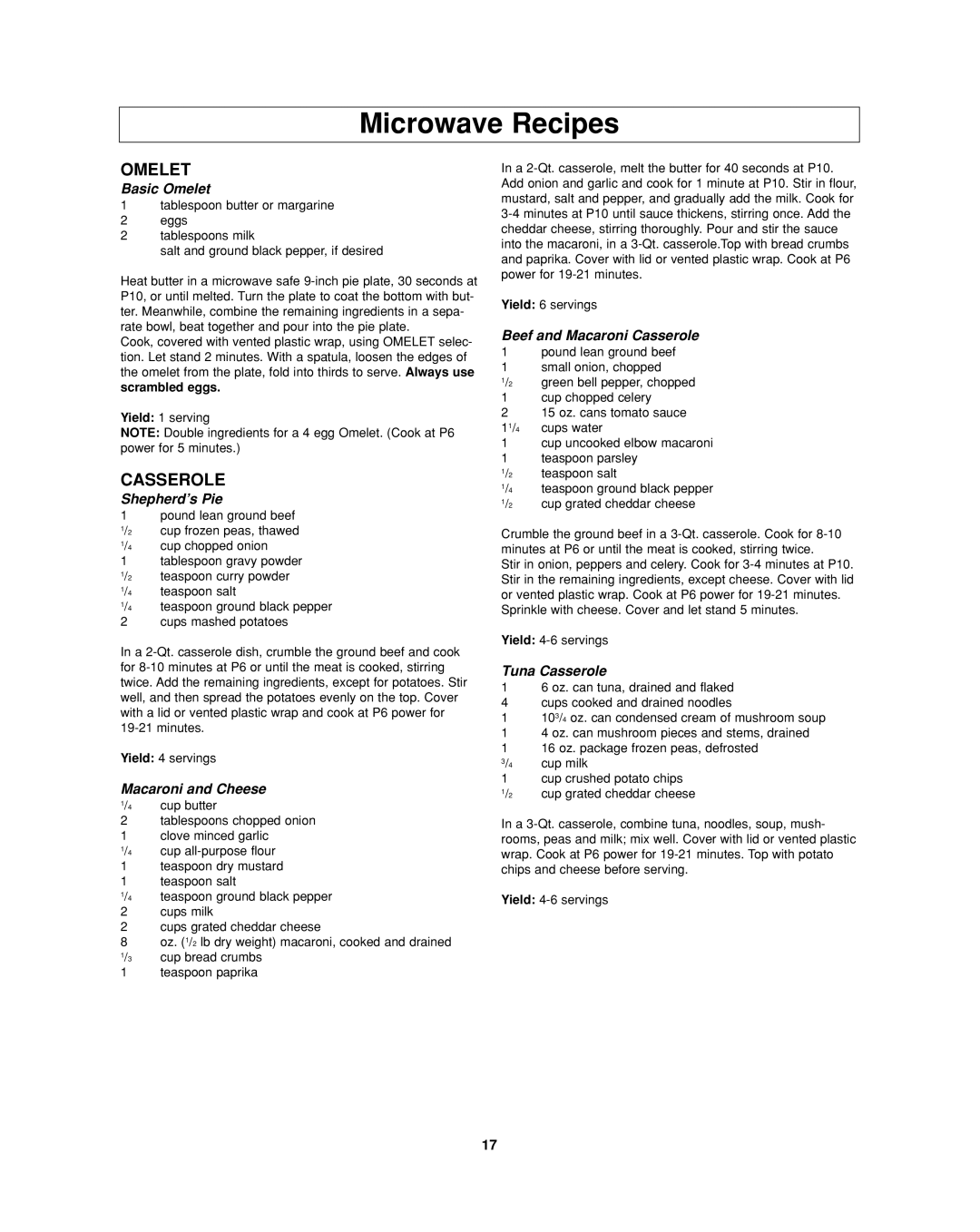 Panasonic NN-SD277 important safety instructions Microwave Recipes, Omelet, Casserole 