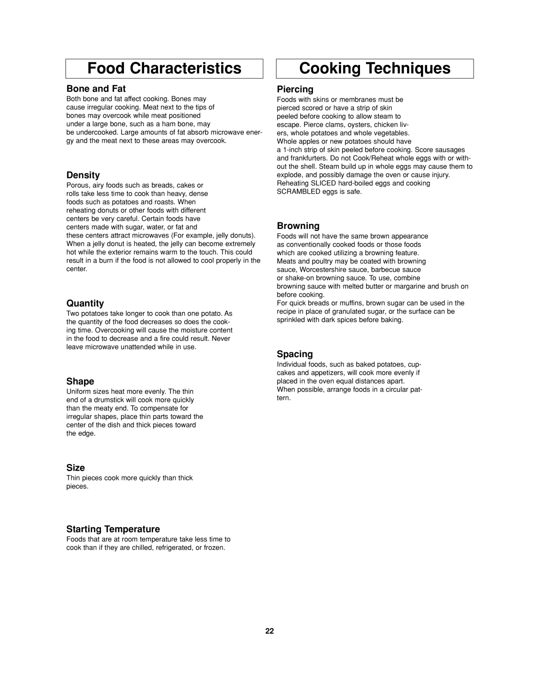 Panasonic NN-SD277 important safety instructions Food Characteristics, Cooking Techniques 