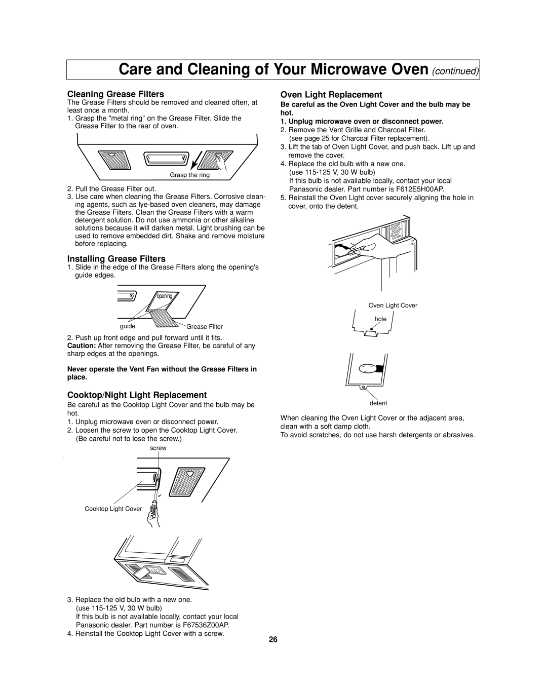 Panasonic NN-SD277 Cleaning Grease Filters, Installing Grease Filters, Cooktop/Night Light Replacement 