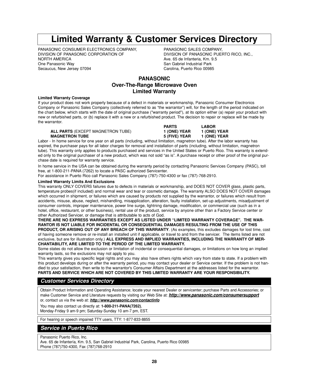 Panasonic NN-SD277 Limited Warranty & Customer Services Directory, Panasonic, Limited Warranty Coverage 