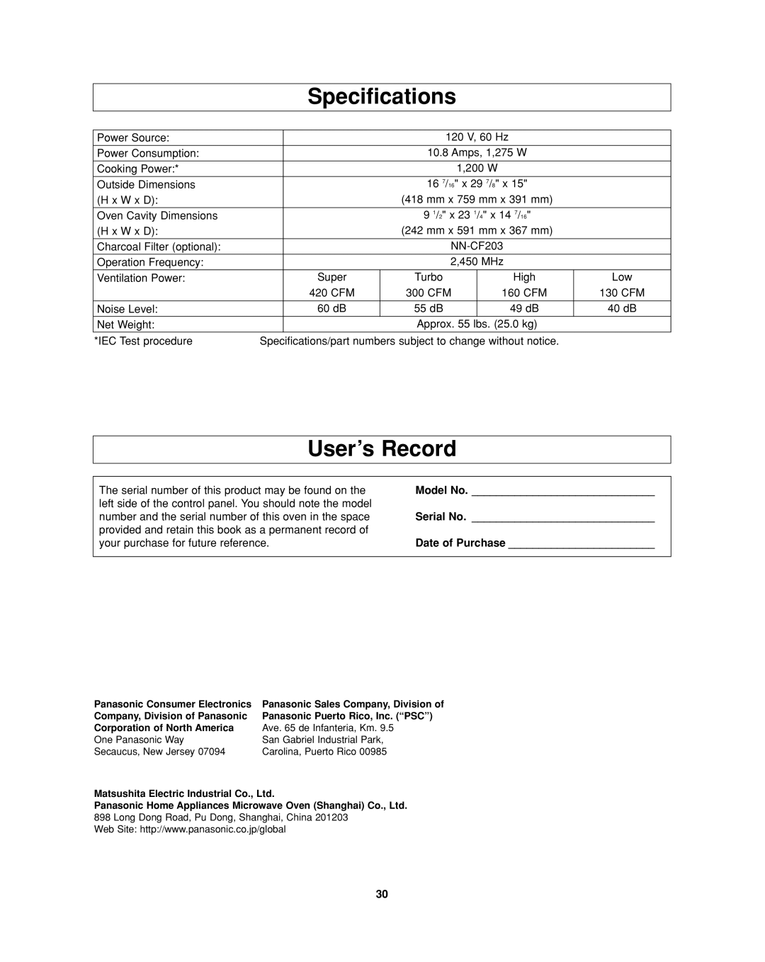 Panasonic NN-SD277 important safety instructions User’s Record, Model No, Serial No, Date of Purchase 