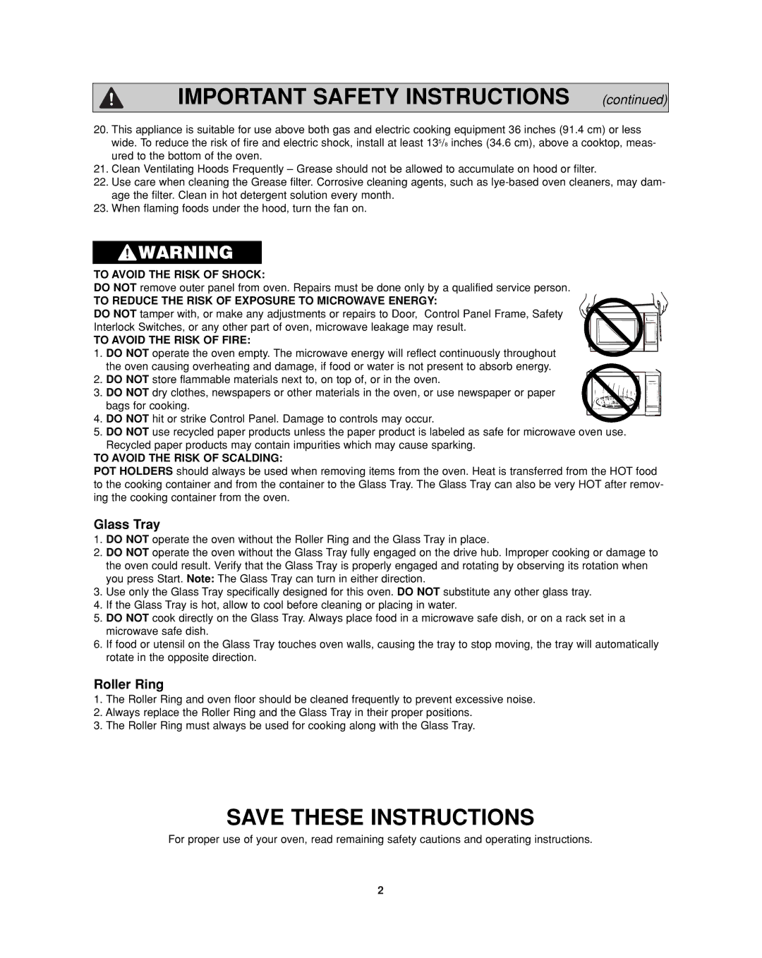 Panasonic NN-SD277 important safety instructions Important Safety Instructions, Glass Tray, Roller Ring 