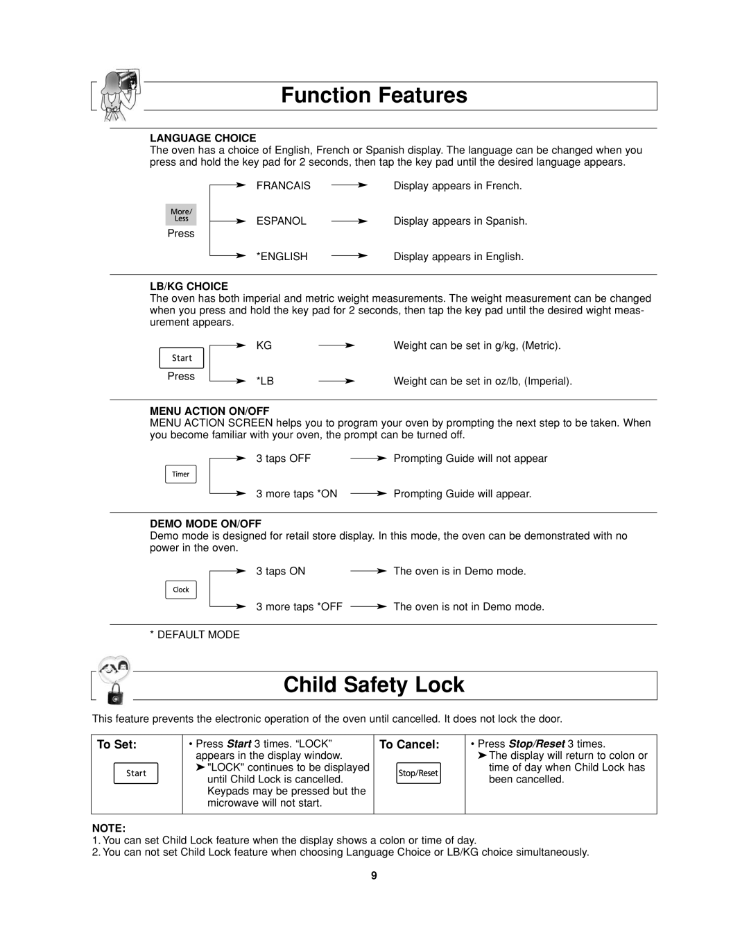 Panasonic NN-SD277 important safety instructions Function Features, Child Safety Lock, To Set, To Cancel 