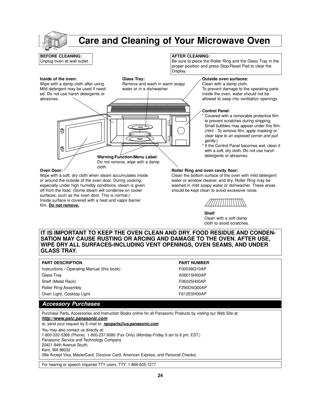 Panasonic NN-SD277 Care and Cleaning of Your Microwave Oven, Accessory Purchases, After Cleaning, Inside of the oven 