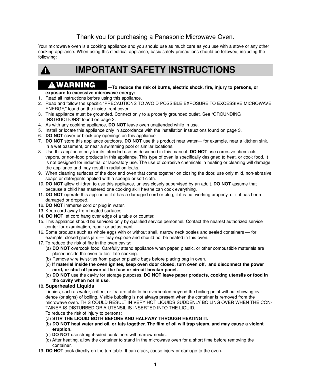 Panasonic NN-SD277 Important Safety Instructions, Superheated Liquids, Thank you for purchasing a Panasonic Microwave Oven 