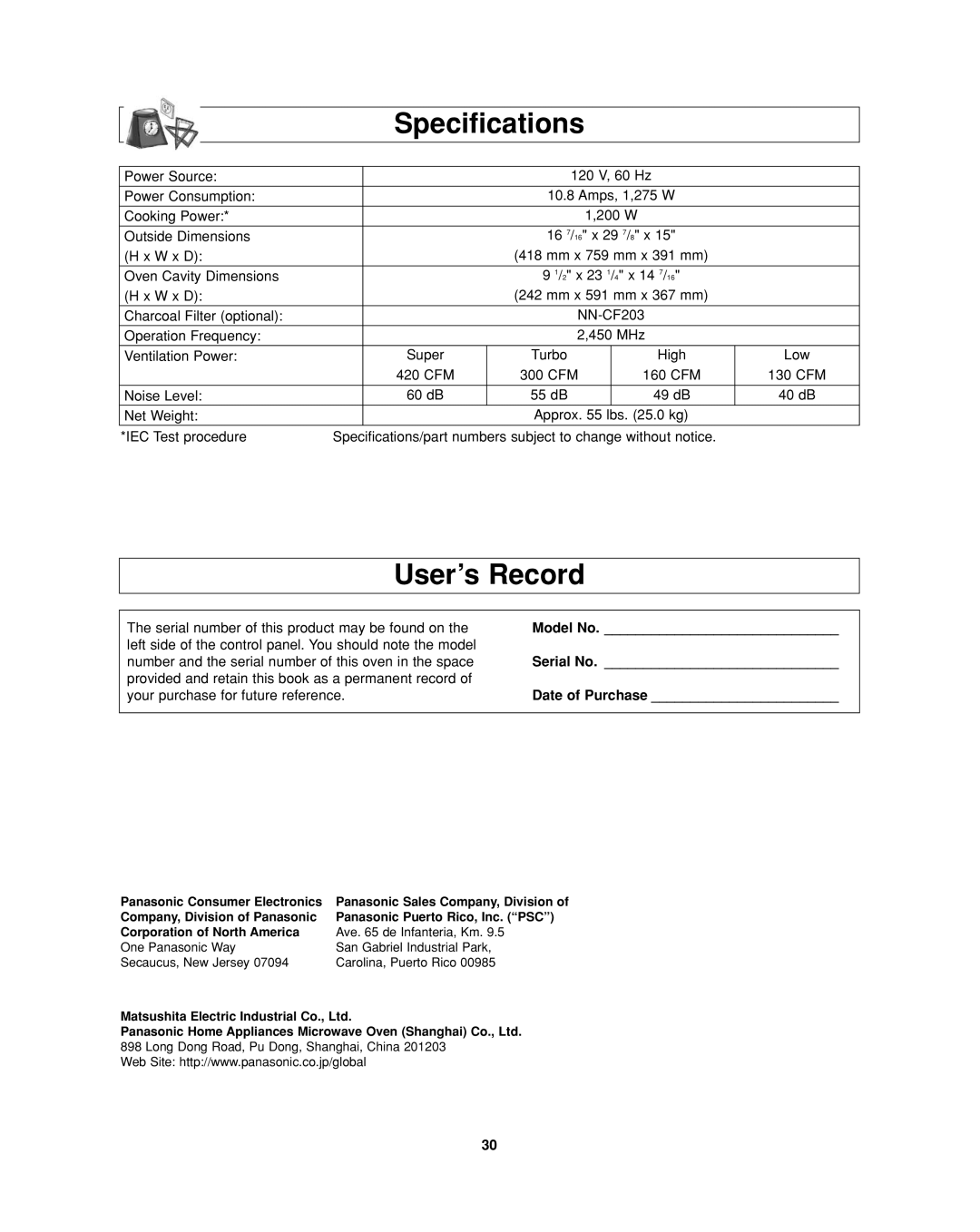 Panasonic NN-SD277 important safety instructions User’s Record, Specifications 