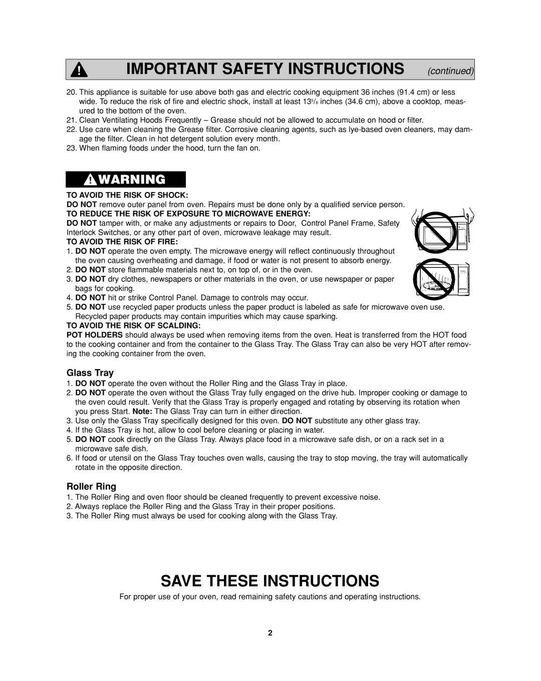 Panasonic NN-SD277 IMPORTANT SAFETY INSTRUCTIONS continued, Save These Instructions, Glass Tray, Roller Ring 