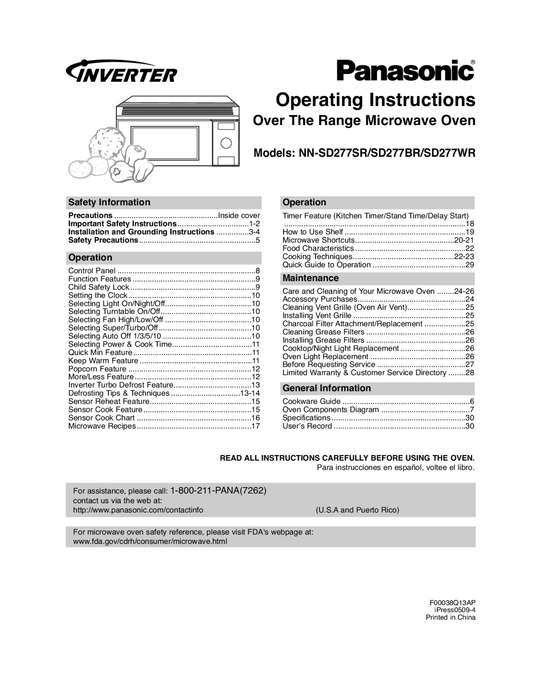 Panasonic NN-SD277BR, NN-SD277WR operating instructions Safety Information, Operation, Maintenance, General Information 