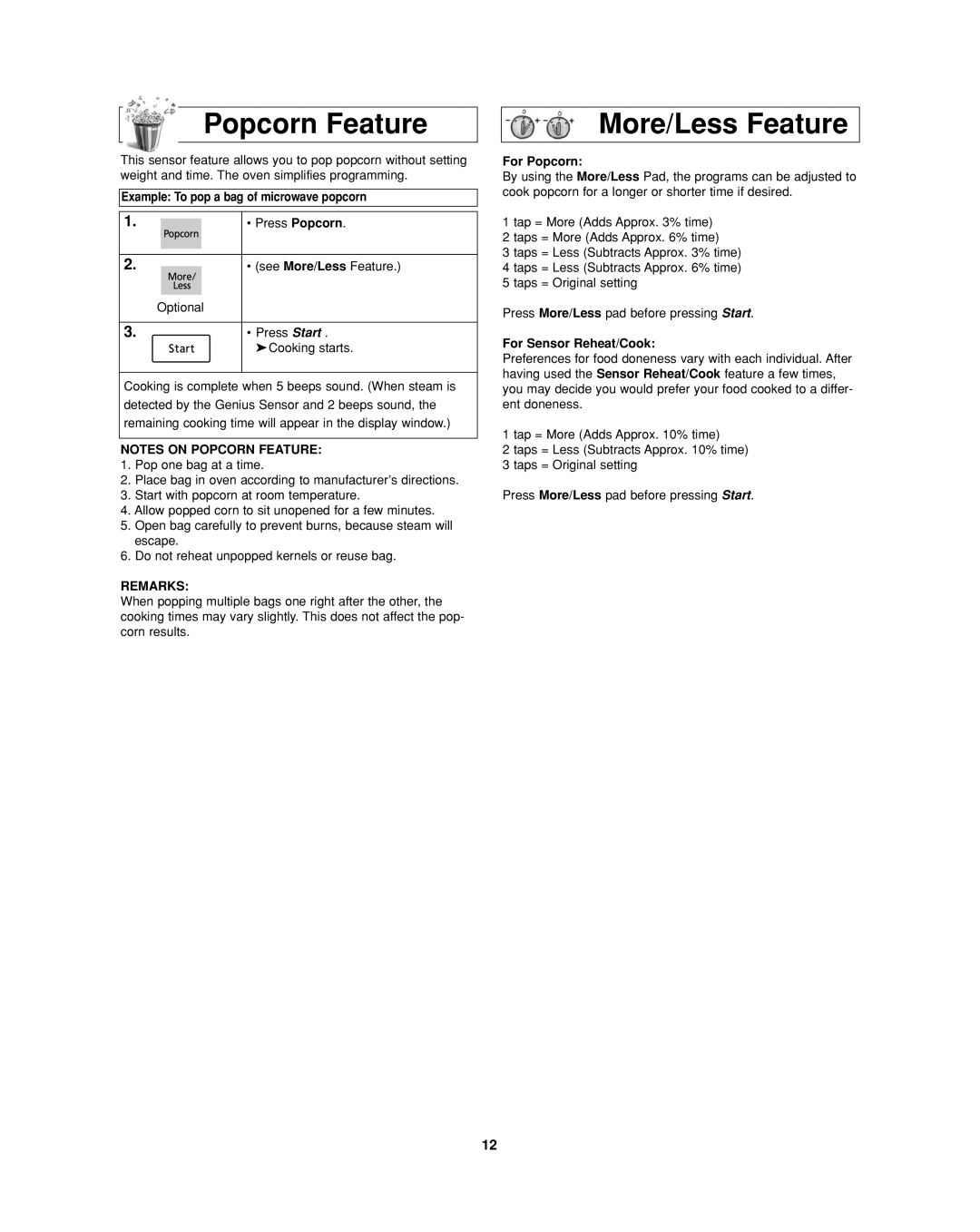 Panasonic NN-SD277SR Popcorn Feature More/Less Feature, Example To pop a bag of microwave popcorn, Remarks, For Popcorn 