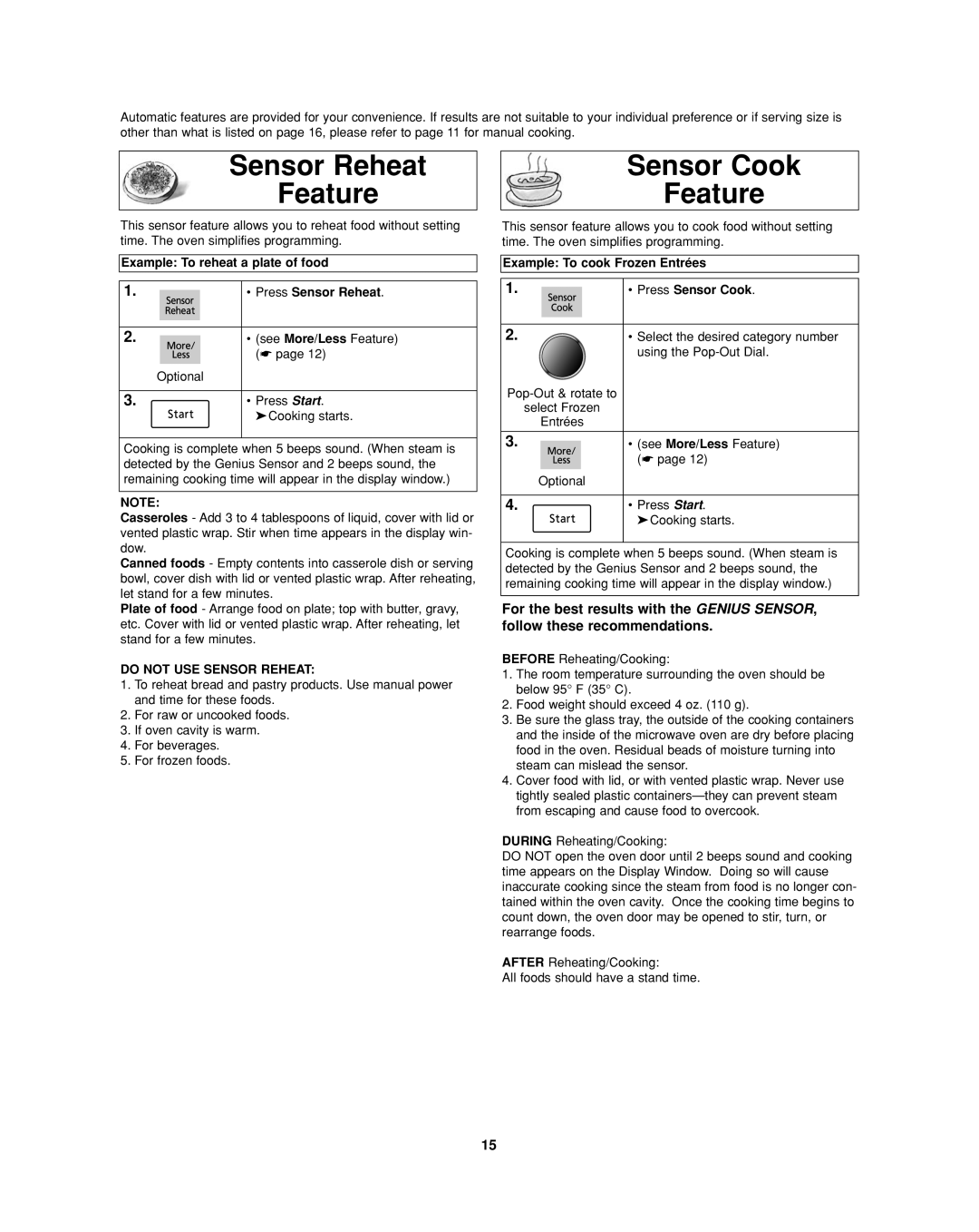 Panasonic NN-SD277SR Sensor Reheat Feature, Sensor Cook Feature, Example To reheat a plate of food Press Sensor Reheat 