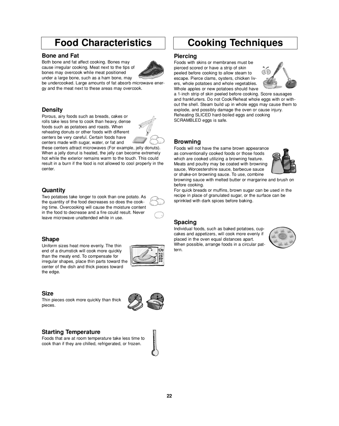 Panasonic NN-SD277WR, NN-SD277BR, NN-SD277SR operating instructions Food Characteristics, Cooking Techniques 