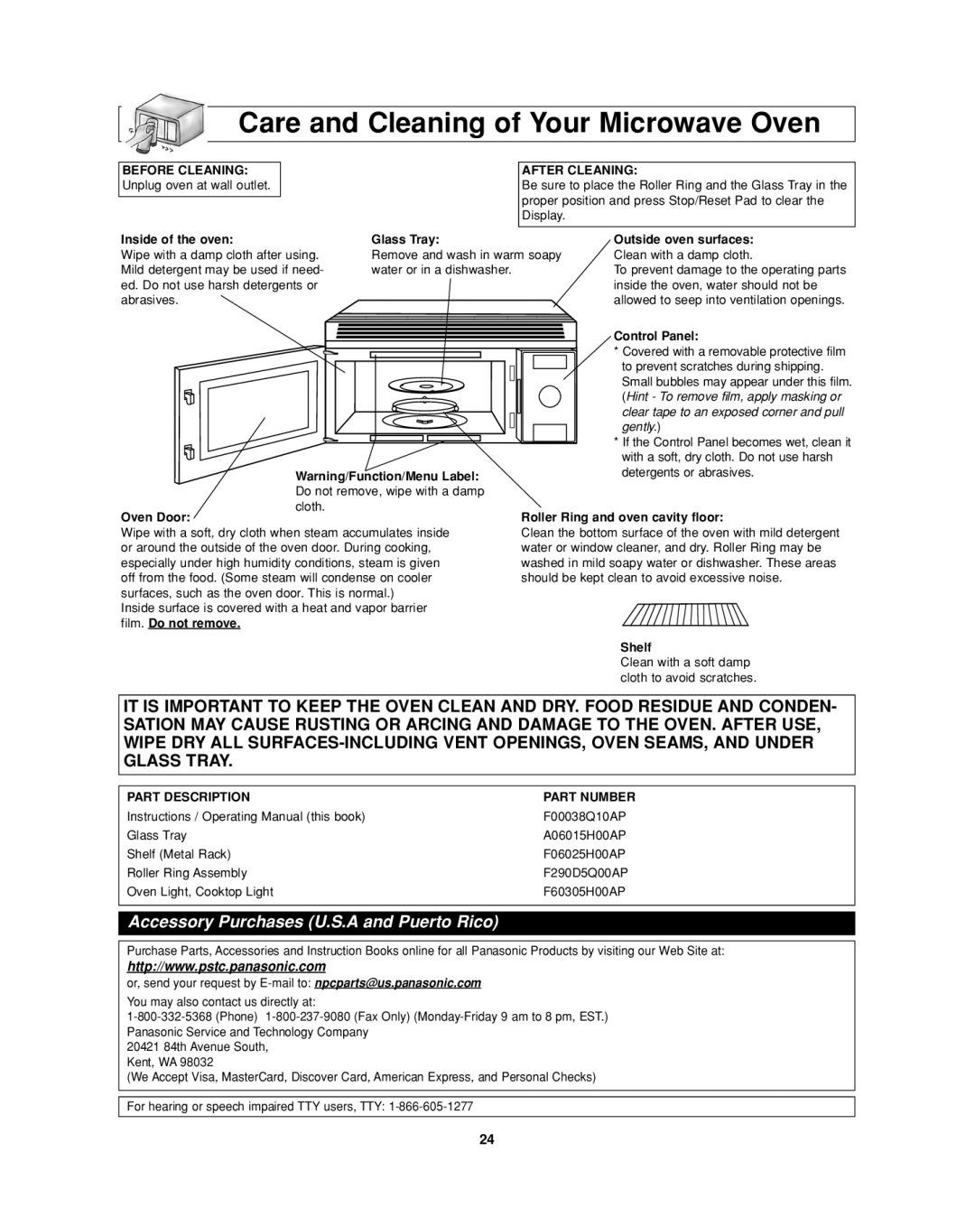 Panasonic NN-SD277SR, NN-SD277WR Care and Cleaning of Your Microwave Oven, After Cleaning, Part Description Part Number 