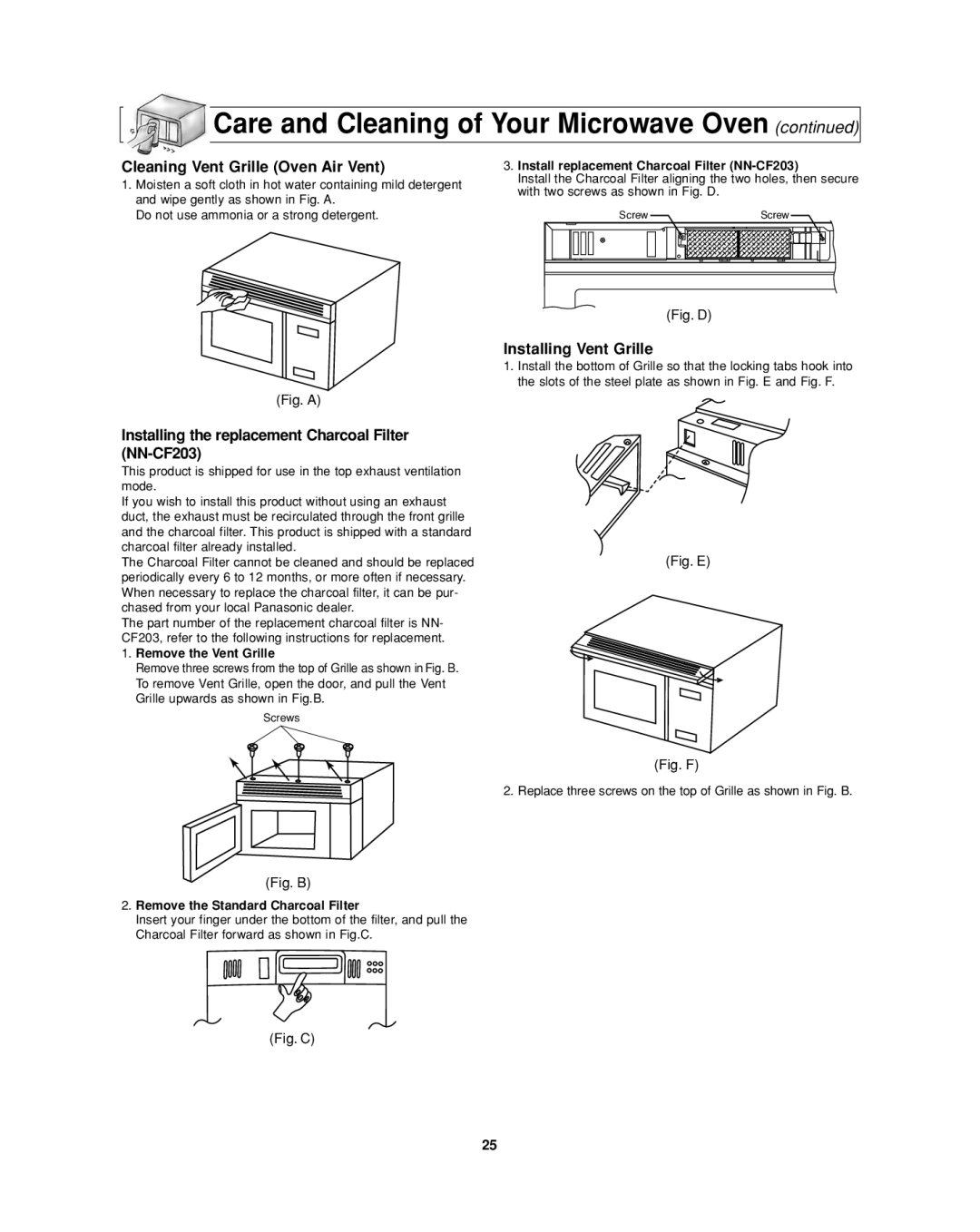 Panasonic NN-SD277WR, NN-SD277BR Cleaning Vent Grille Oven Air Vent, Installing the replacement Charcoal Filter NN-CF203 