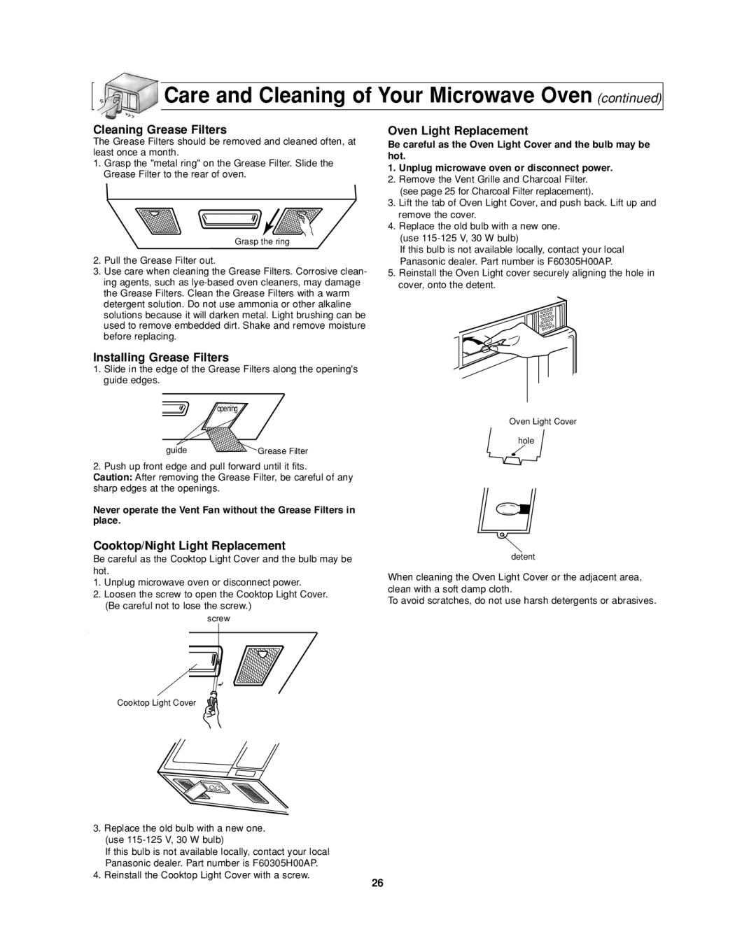 Panasonic NN-SD277BR, NN-SD277WR Cleaning Grease Filters, Installing Grease Filters, Cooktop/Night Light Replacement 