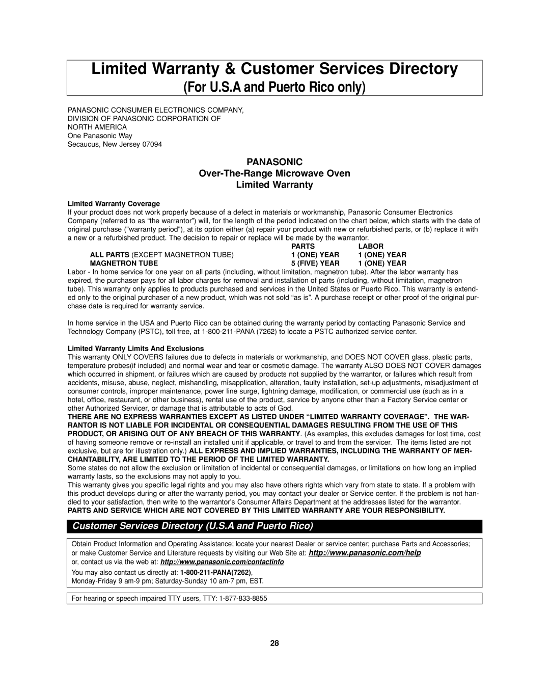 Panasonic NN-SD277WR, NN-SD277BR Limited Warranty & Customer Services Directory, Panasonic, Limited Warranty Coverage 