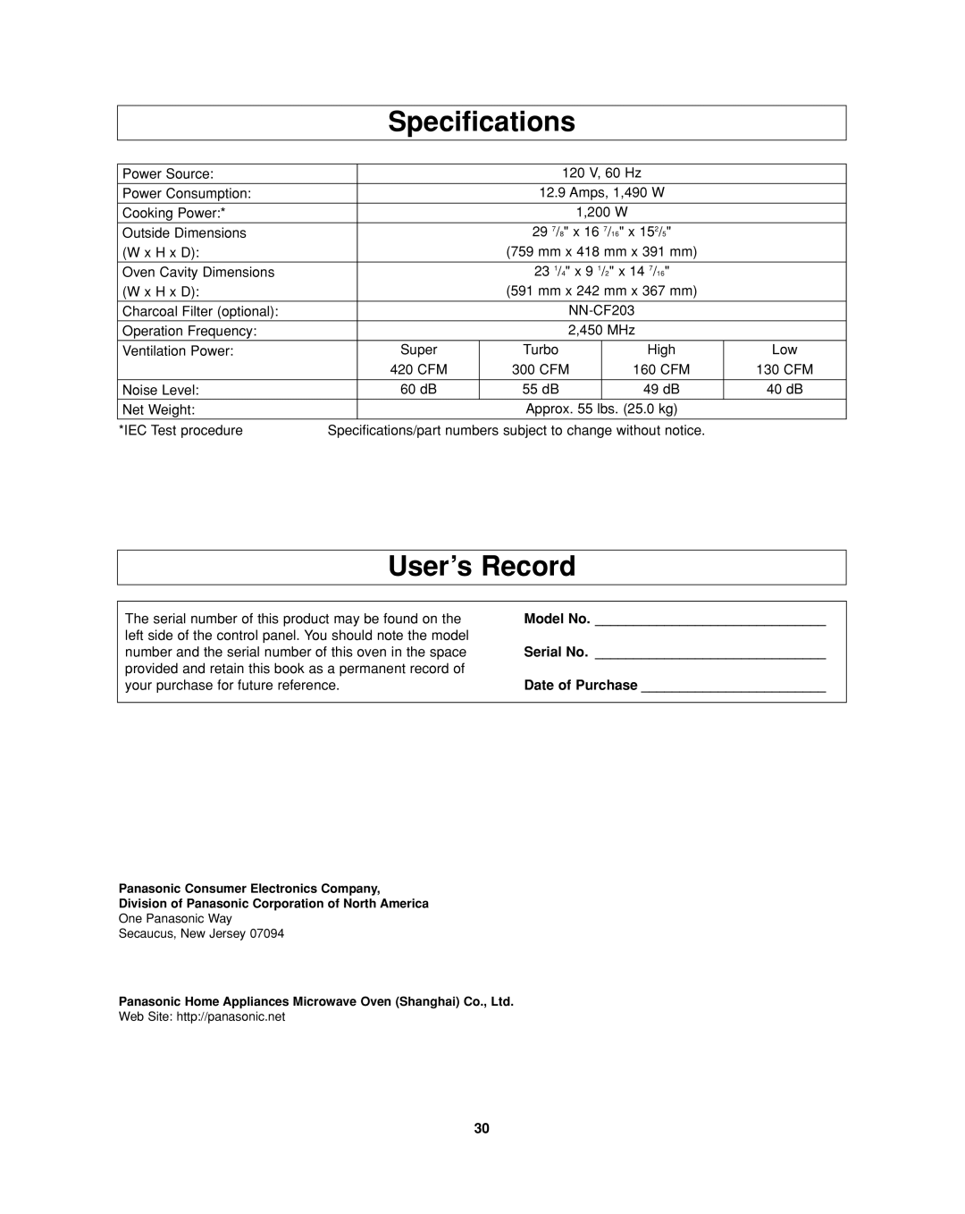 Panasonic NN-SD277SR, NN-SD277WR, NN-SD277BR operating instructions User’s Record, Model No, Serial No, Date of Purchase 