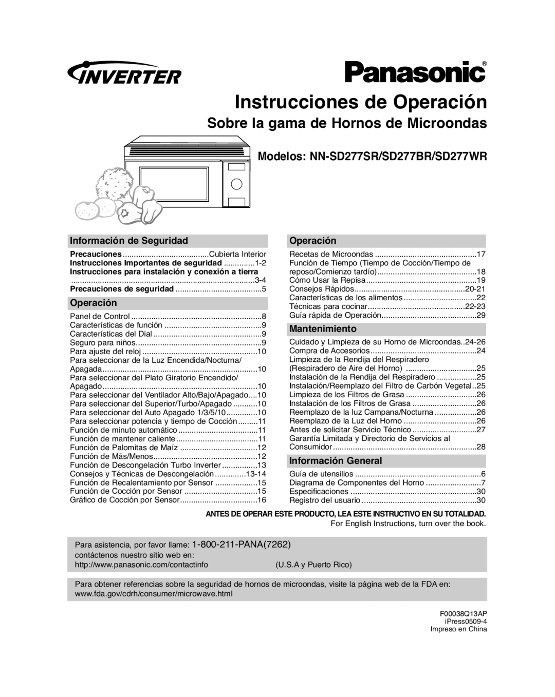 Panasonic NN-SD277WR, NN-SD277BR, NN-SD277SR Información de Seguridad, Operación, Mantenimiento, Información General 