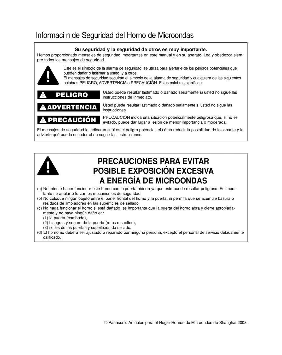 Panasonic NN-SD277BR, NN-SD277WR, NN-SD277SR operating instructions Información de Seguridad del Horno de Microondas 