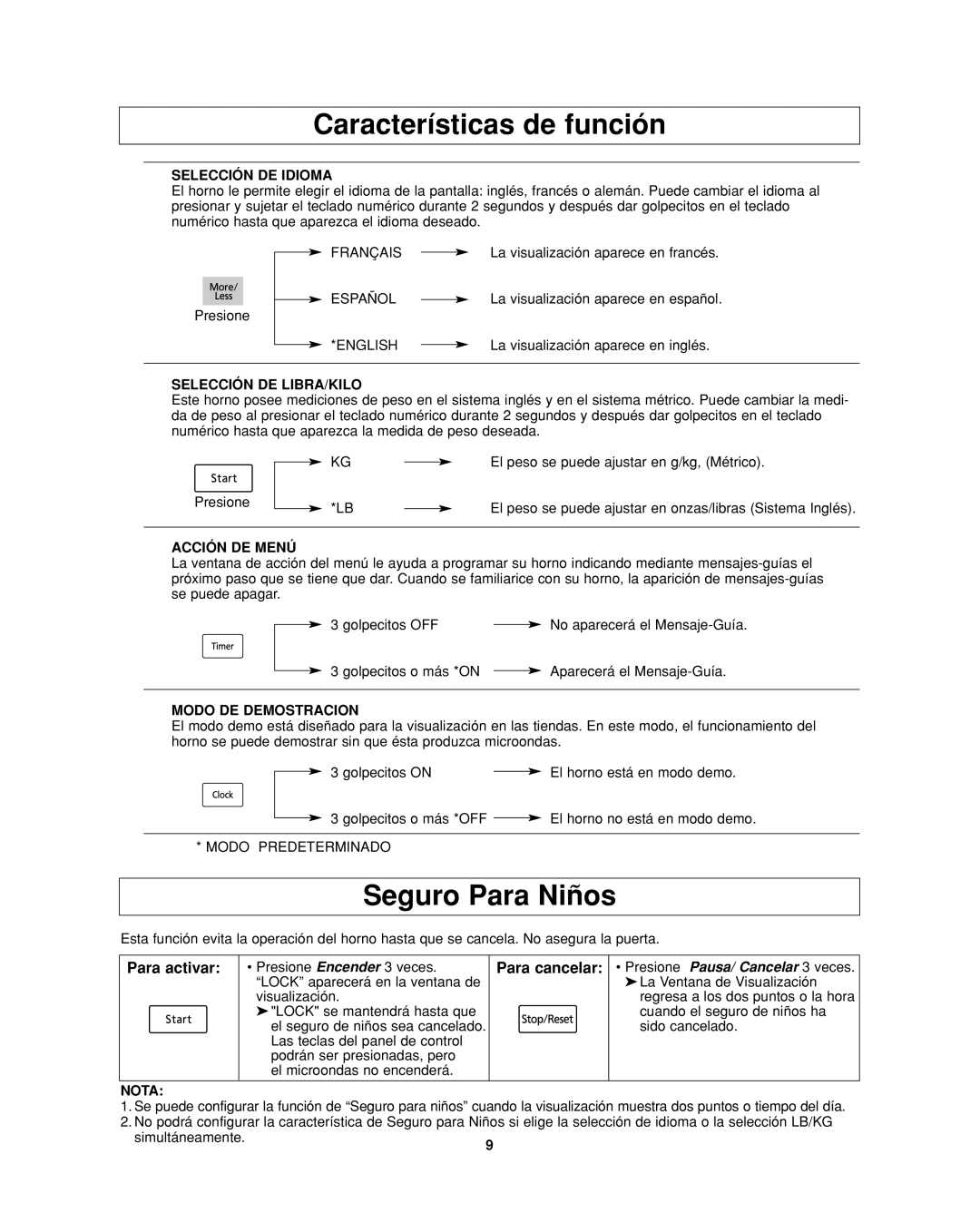 Panasonic NN-SD277BR, NN-SD277WR, NN-SD277SR Características de función, Seguro Para Niños, Para activar, Para cancelar 