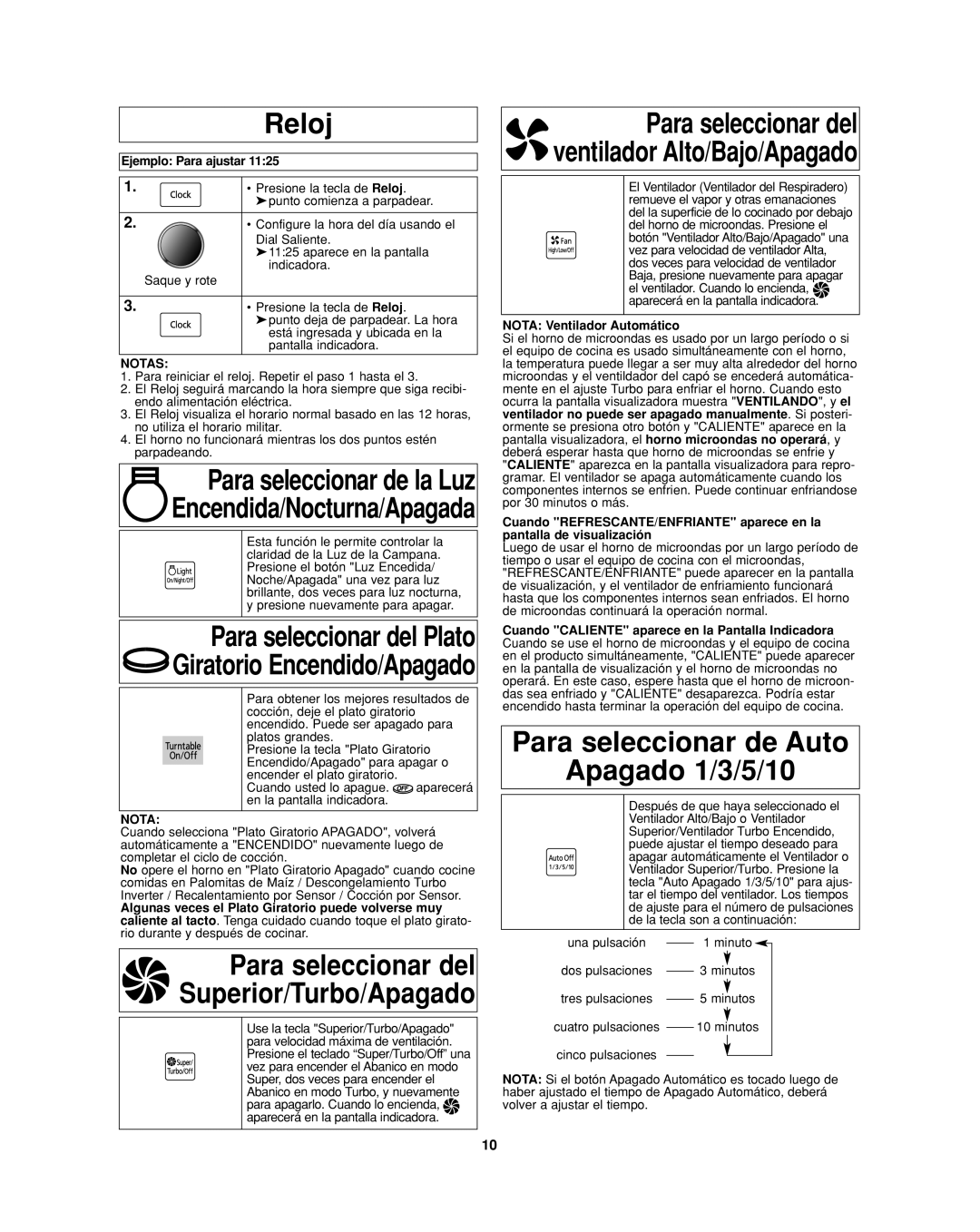 Panasonic NN-SD277SR, NN-SD277WR, NN-SD277BR operating instructions Reloj, Para seleccionar de Auto Apagado 1/3/5/10, Notas 