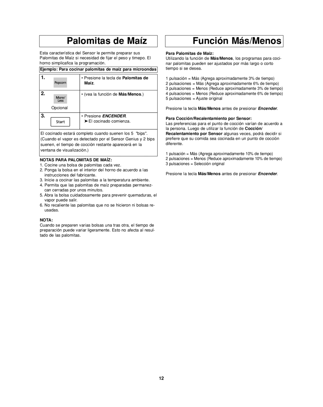 Panasonic NN-SD277BR, NN-SD277WR, NN-SD277SR Palomitas de Maíz Función Más/Menos, Notas Para Palomitas DE Maíz 