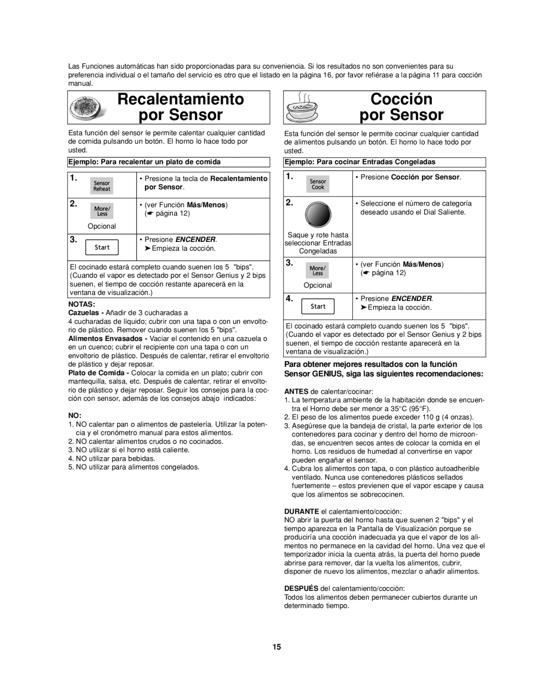 Panasonic NN-SD277BR Recalentamiento Por Sensor, Cocción Por Sensor, Ejemplo Para recalentar un plato de comida 