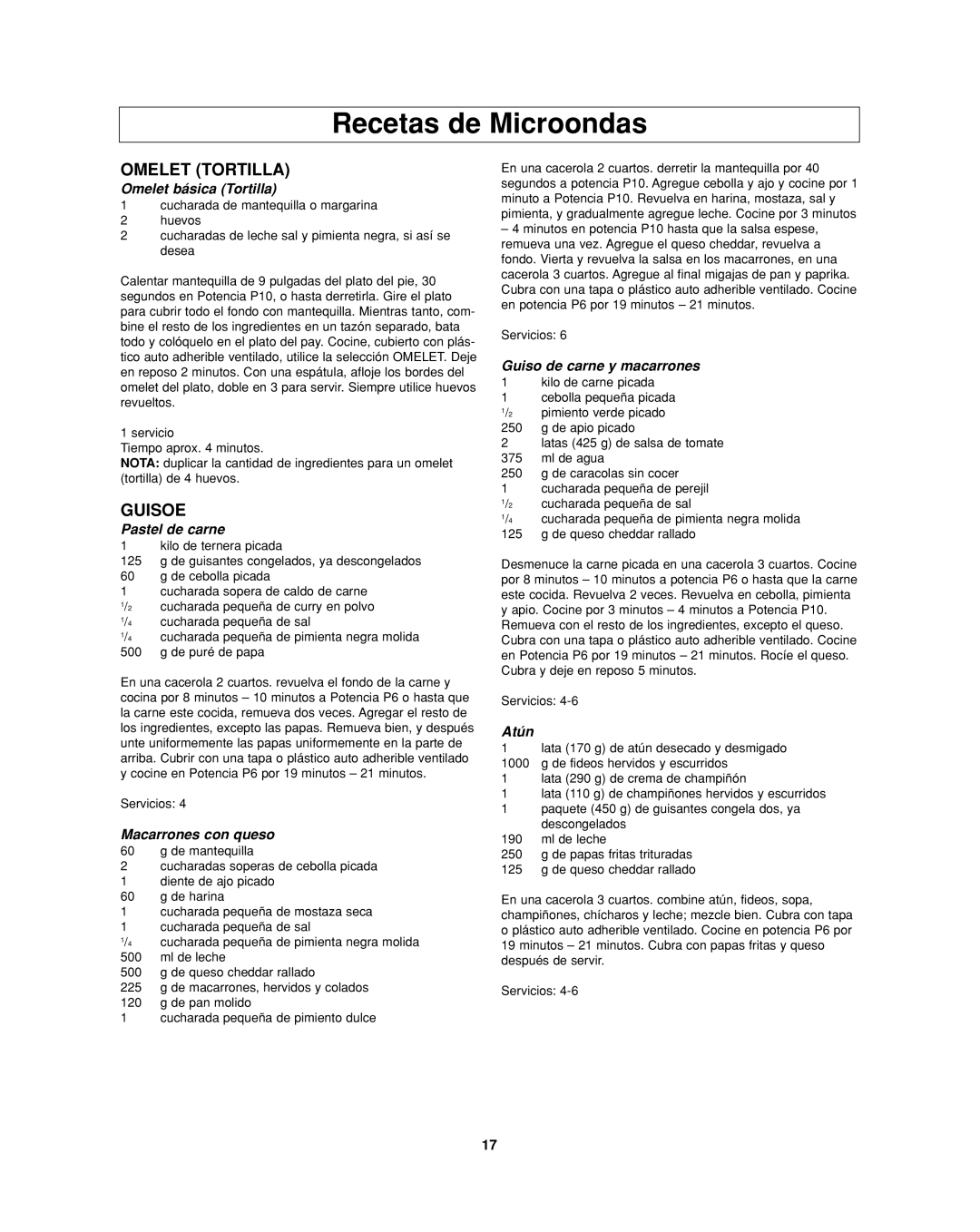 Panasonic NN-SD277WR, NN-SD277BR, NN-SD277SR operating instructions Recetas de Microondas, Omelet Tortilla, Guisoe 