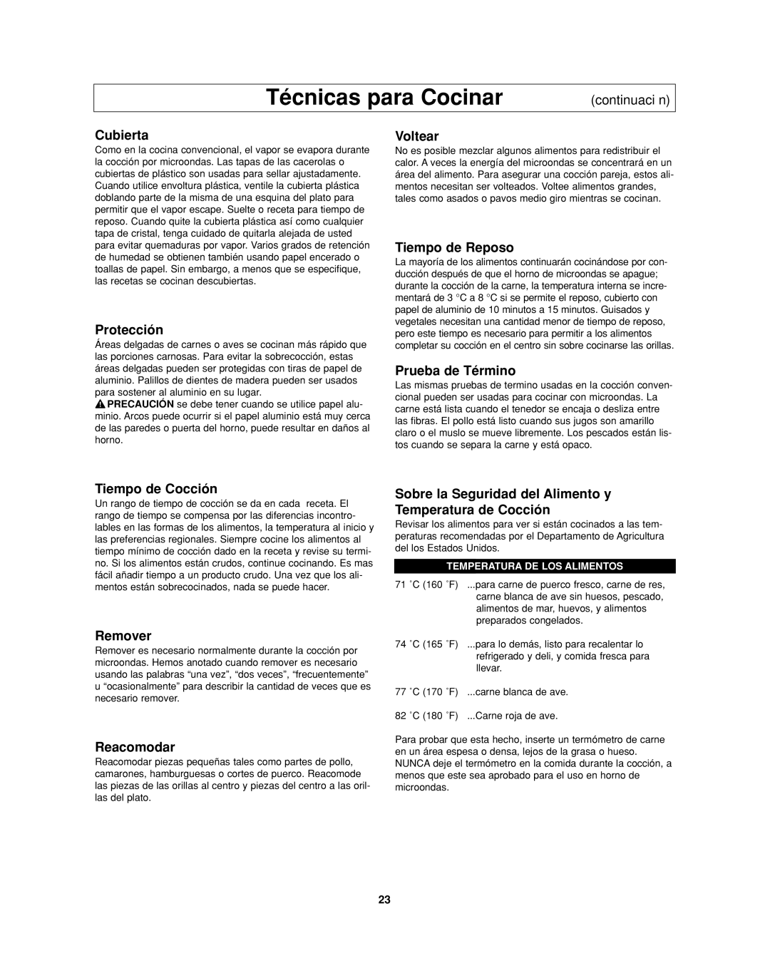 Panasonic NN-SD277WR Cubierta, Protección, Voltear, Tiempo de Reposo, Prueba de Término, Tiempo de Cocción, Remover 